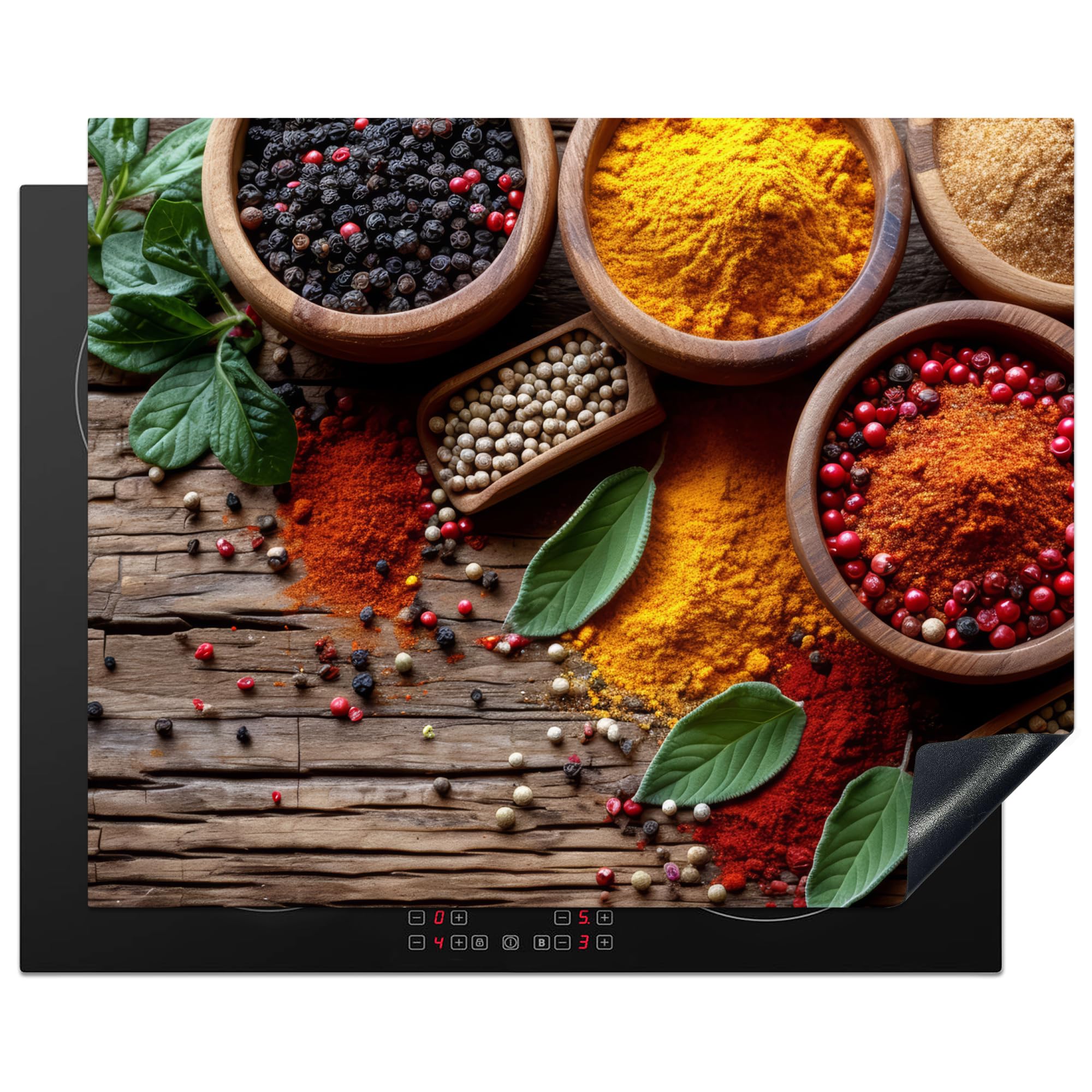 KitchenYeah© Induction Hob Protector Mat 20.5"x25.6" / 65x52 cm Cooker Top Protectors Cover Ceramic Covers Electric Hobs Vinyl Herbs - Wood Texture - Cooking - Spices