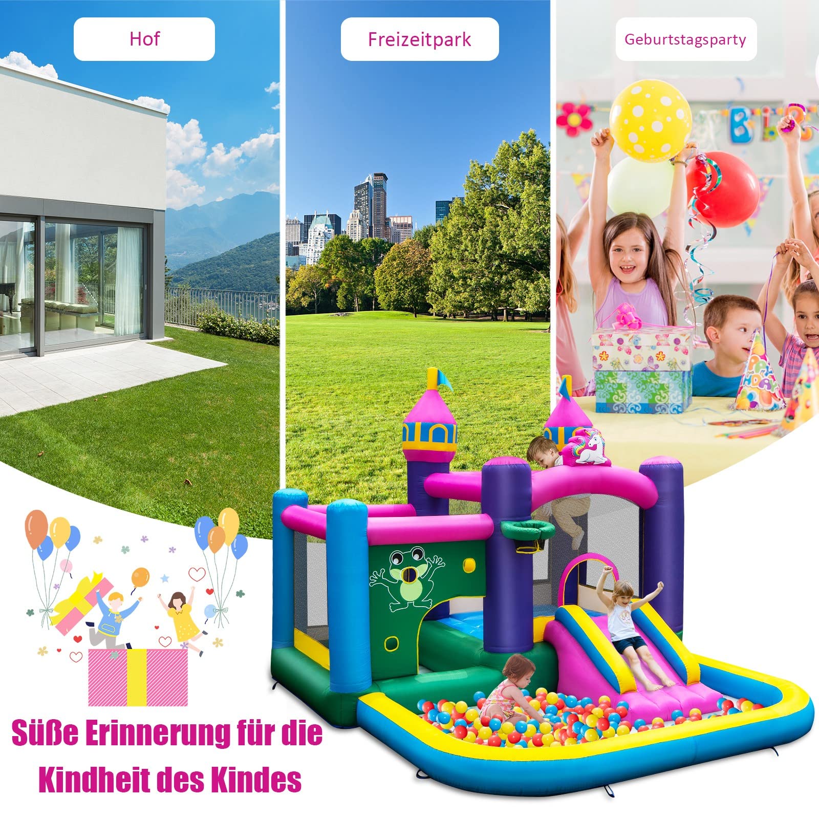 DREAMADE Einhorn Aufblasbare Hüpfburg mit 680 W Gebläse, Wasserpark mit Planschbecken & Rutsche & Springbereich, Spielburg mit Reparaturset & Tragetasche, Hüpfschloss 390 X 330 X 270 cm (mit Gebläse)