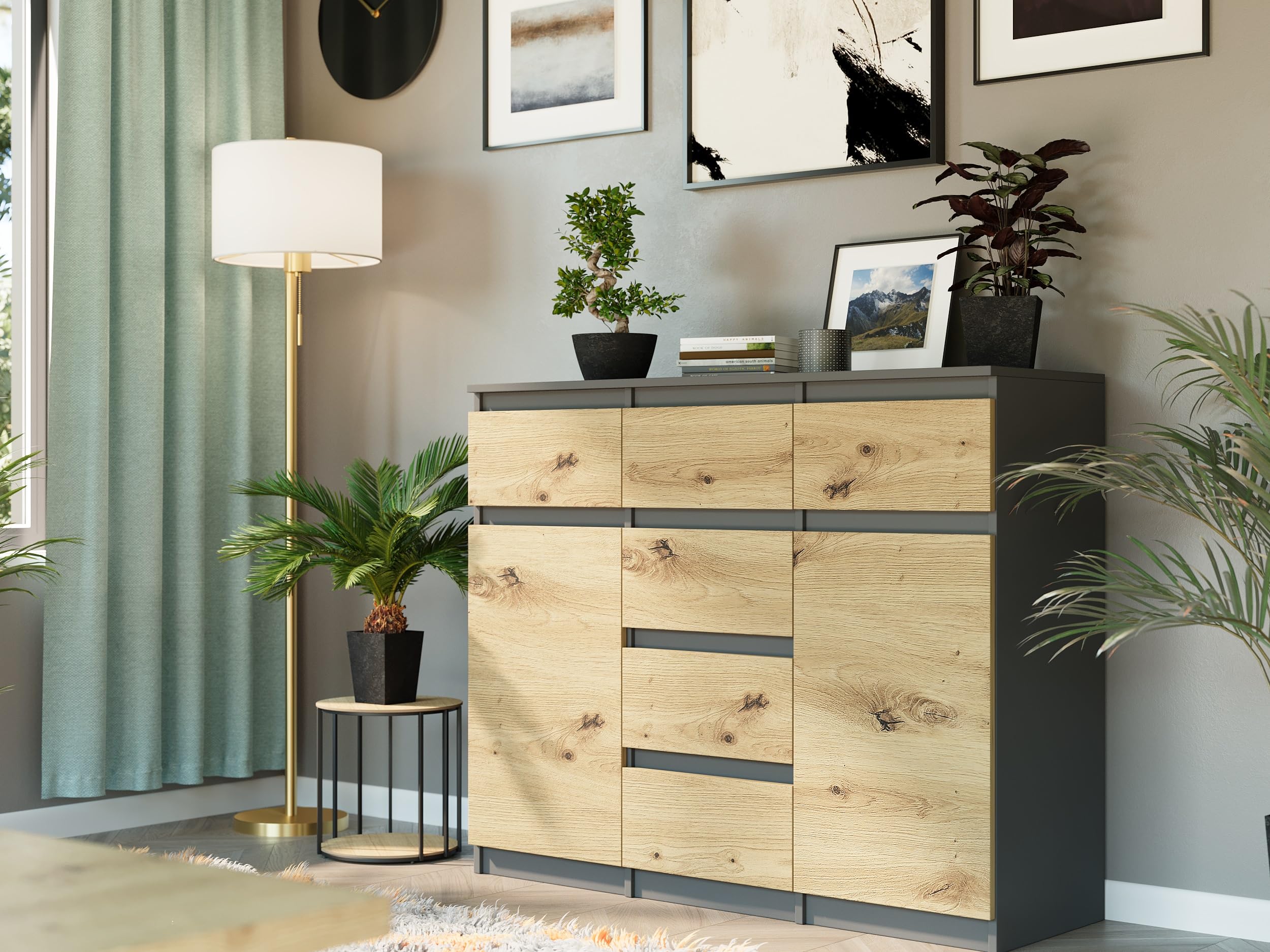 Highboard Anthrazit/Artisan Eiche 120x40x98 cm – Sideboard mit Schubladen, Schränken & offenen Regalen, modernes Schrankmöbel für Wohnzimmer, Esszimmer & Schlafzimmer, Modern S-62D