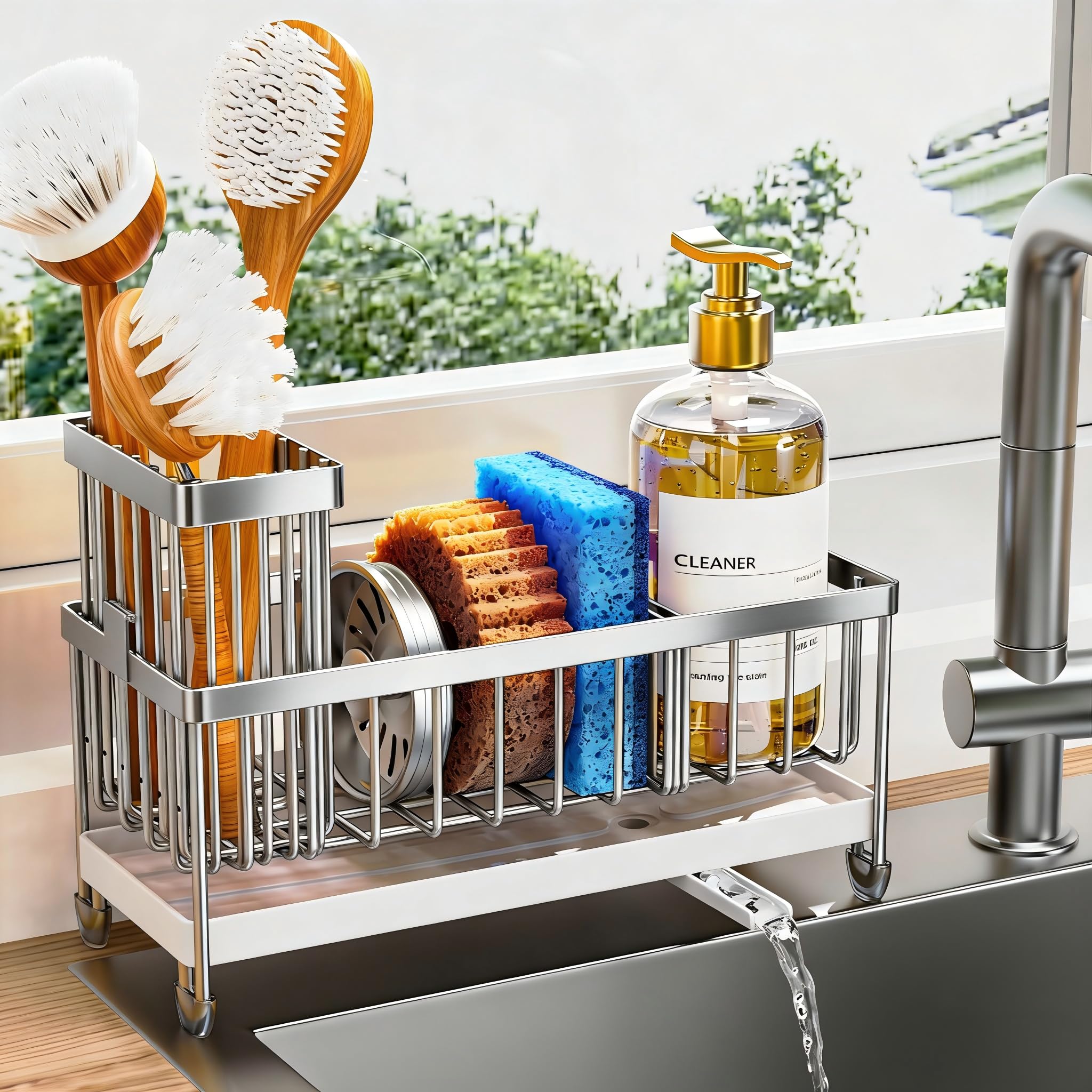 Cisily Sponge Holder for Kitchen Sink, Sink Caddy Organizer with High Brush Holder, Kitchen Countertop Organizers and Storage Essentials, Rustproof 304 Stainless Steel (Silver, 9.25″)