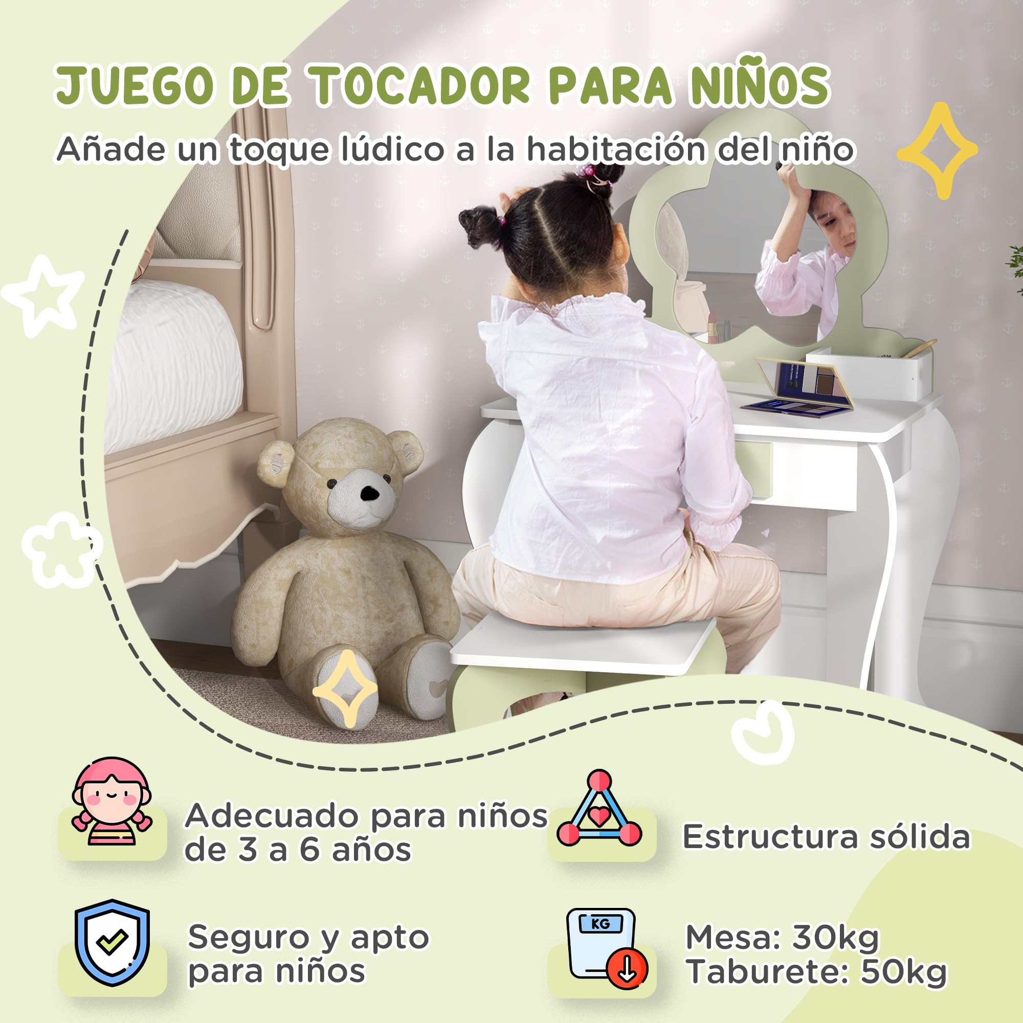 ZONEKIZ Tocador para Niñas con Espejo y Taburete Tocador de Maquillaje para Niñas de 3-6 Años con 2 Cajas y 1 Cajón 55x34x87,5 cm Blanco y Verde Pastel