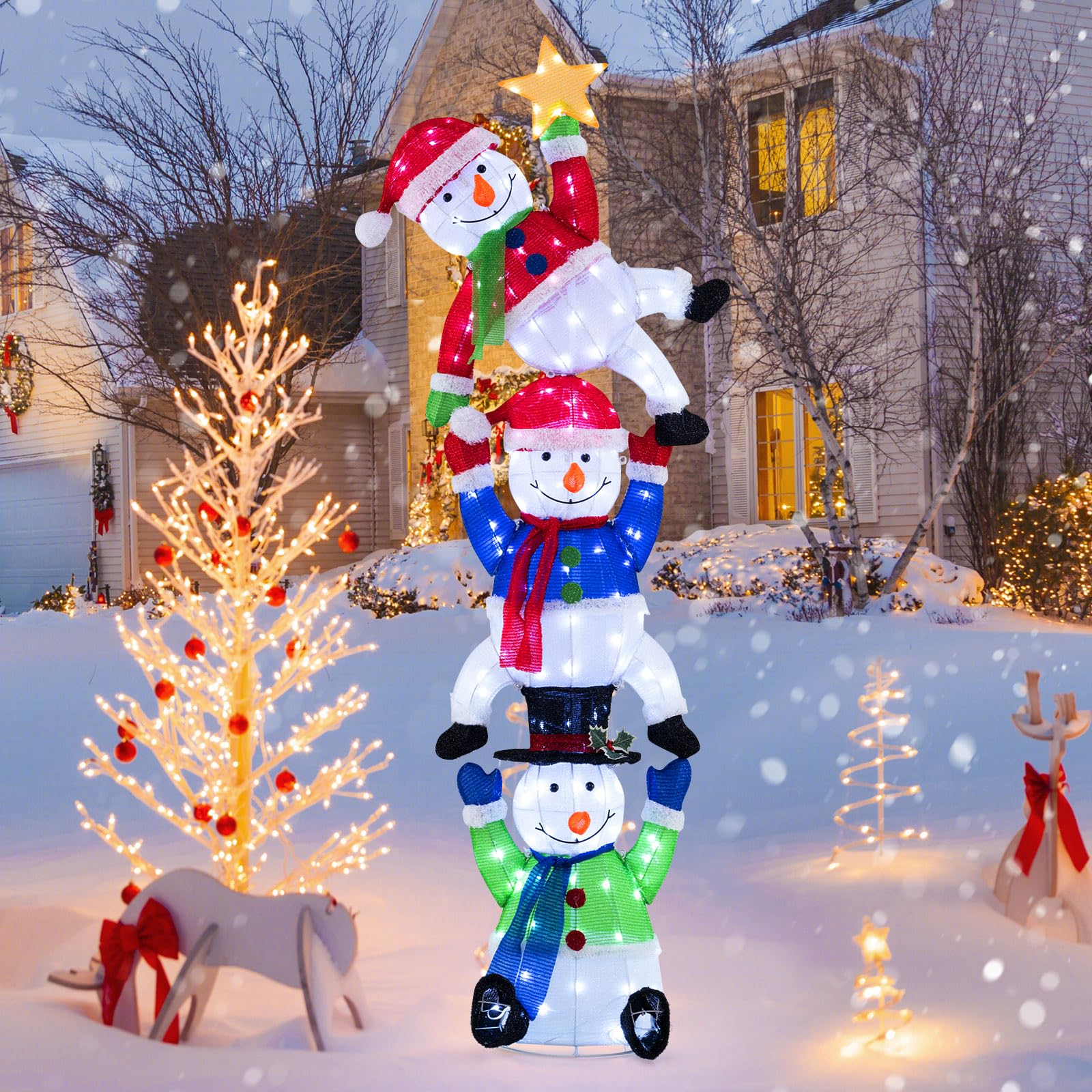Tangkula 6 FT Lighted Christmas Stacked Snowman Set, Light-up Christmas Decoration with 155 LED Lights, Ground Stakes & Zip Ties, Pre-Lit Snowman Ornament for Indoor and Outdoor Yard, Garden & Lawn