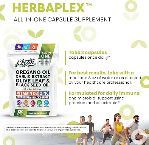 Miniatura 6 de Suplemento Clean Nutra HerbaPlex, aceite de orégano, extracto de ajo, hoja de olivo, aceite de semilla negra, vitamina D3, zinc, saúco, 120 cápsulas