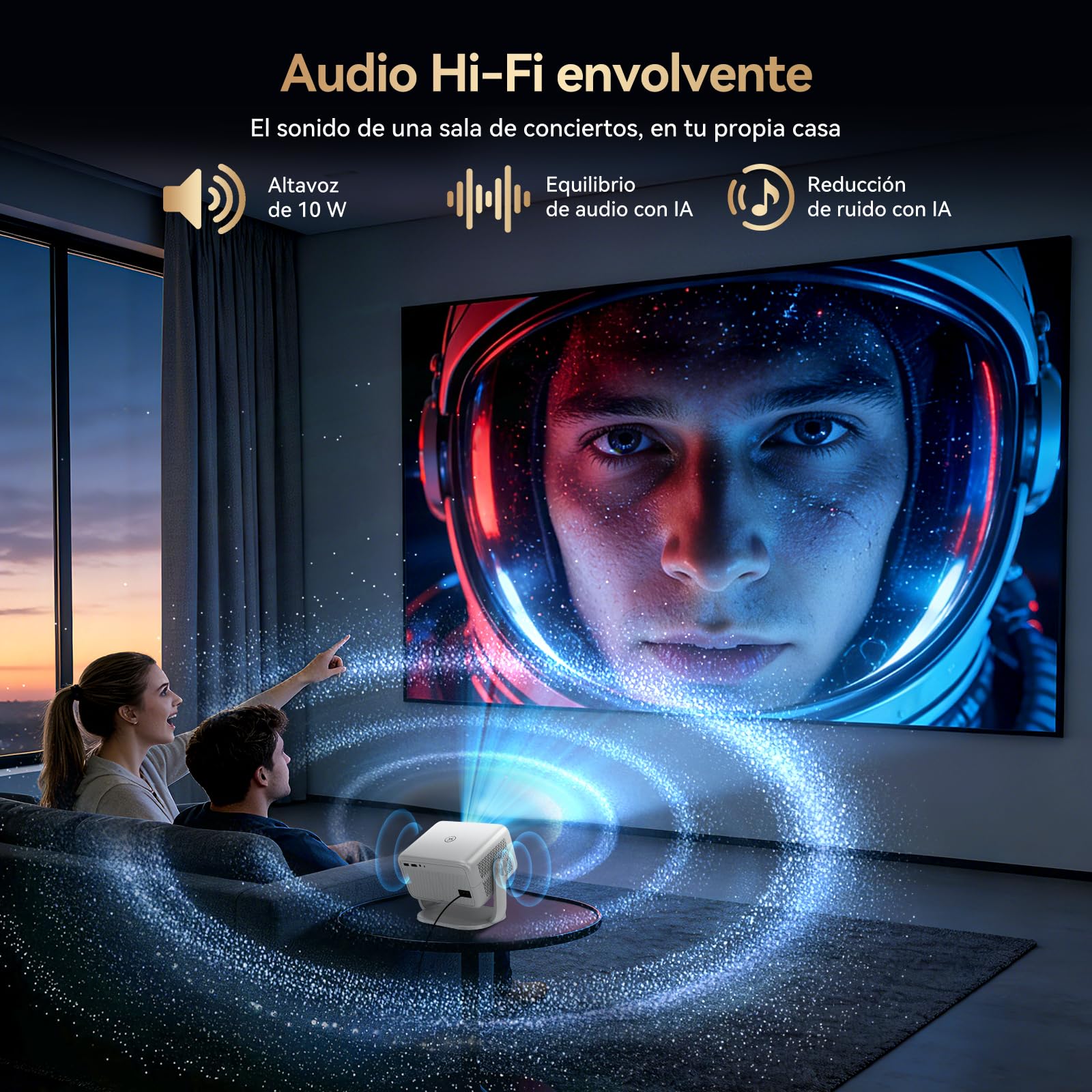 Proyector Portatil 4K con Compatible Netflix y Soporte de 360°, Enfoque y Corrección Trapezoidal Automática, WiFi 6 Ultra Rápido, Bluetooth, Cine en Casa para Smartphone/PS5/Laptop