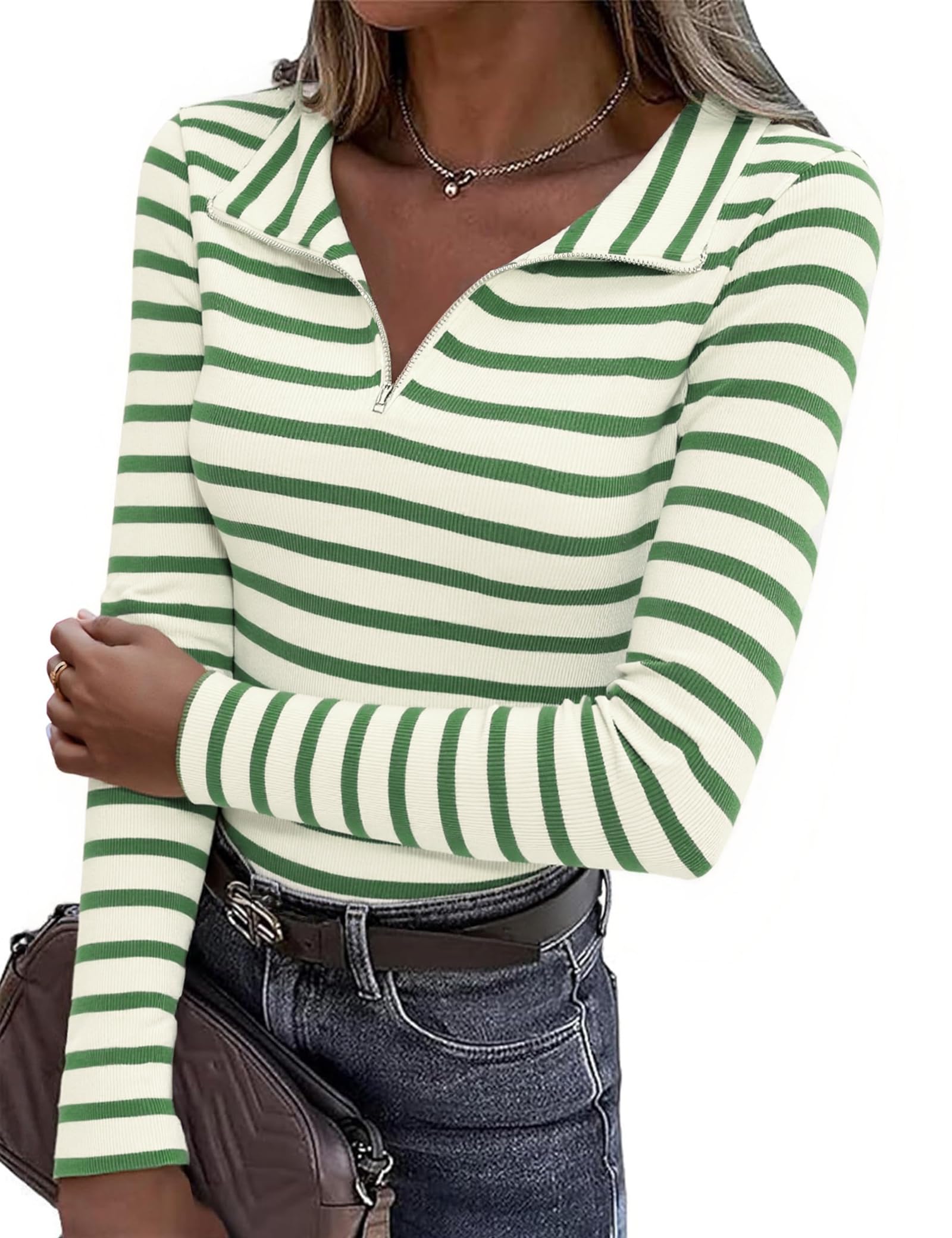 Aottori Pullover Damen Gestreiftes Langarmshirt Baumwolle Polo V-Ausschnitt Half Zip Shirt Langarm Ringelshirt Oberteile Elegant Herbst Winter Tee Shirts Tops