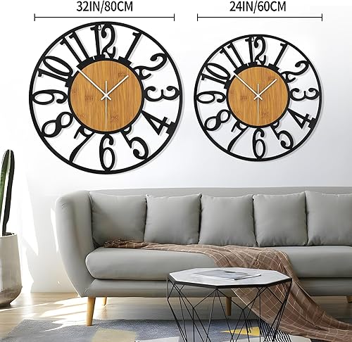 Miniatura 3 de LEIKE Relojes de pared grandes, silenciosos, sin tictac, funciona con pilas, rústico, redondo, moderno, reloj de pared de madera grande para sala de