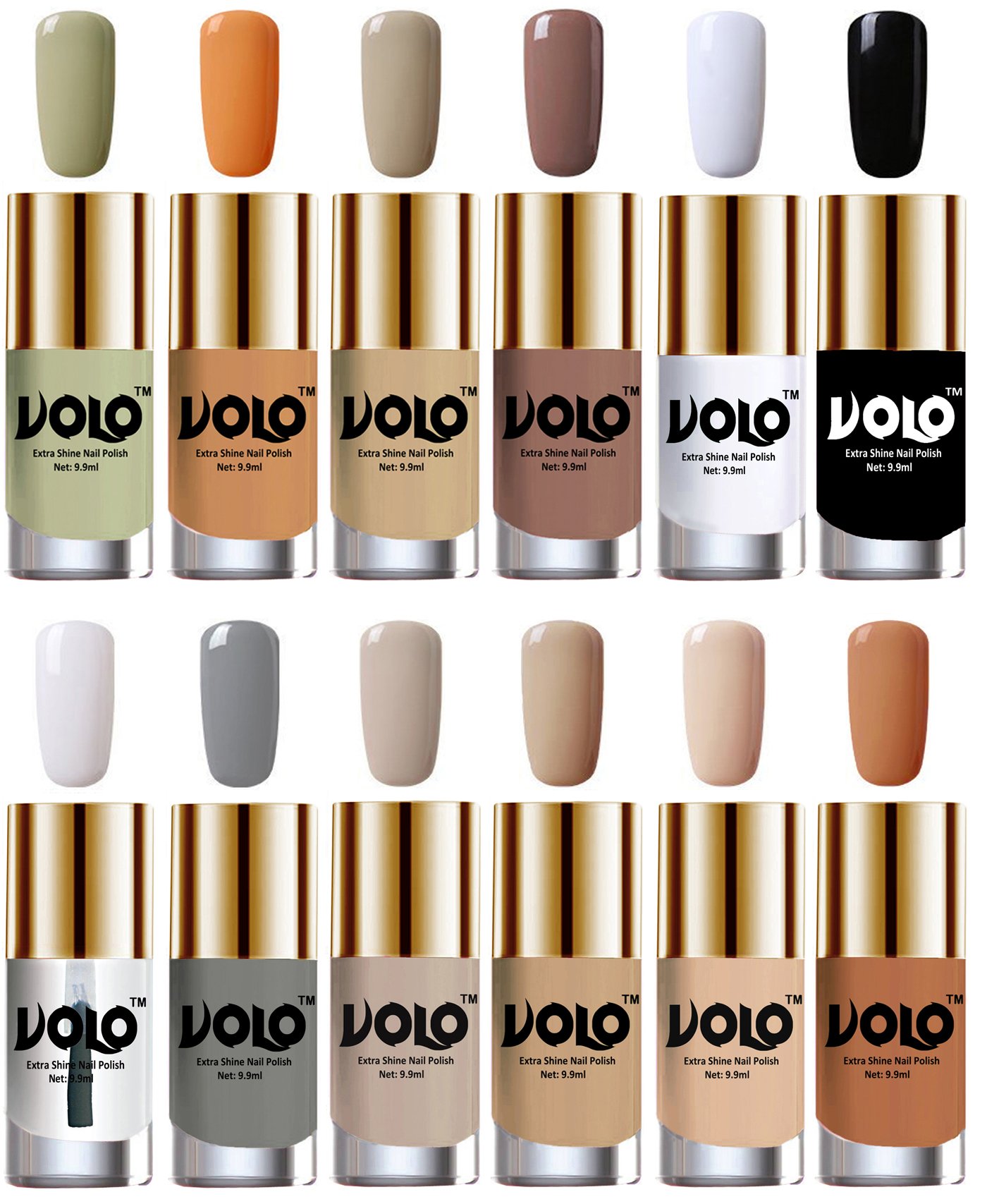 Volo Luxury Super Shine Nail Polish Set of 12 Vibrant Shades (Mischievous Mint, Flirty Nude, Nude, Dark Nude, Matte White, Black, Extra Shine Top Coat, Grey, Nude Tude)