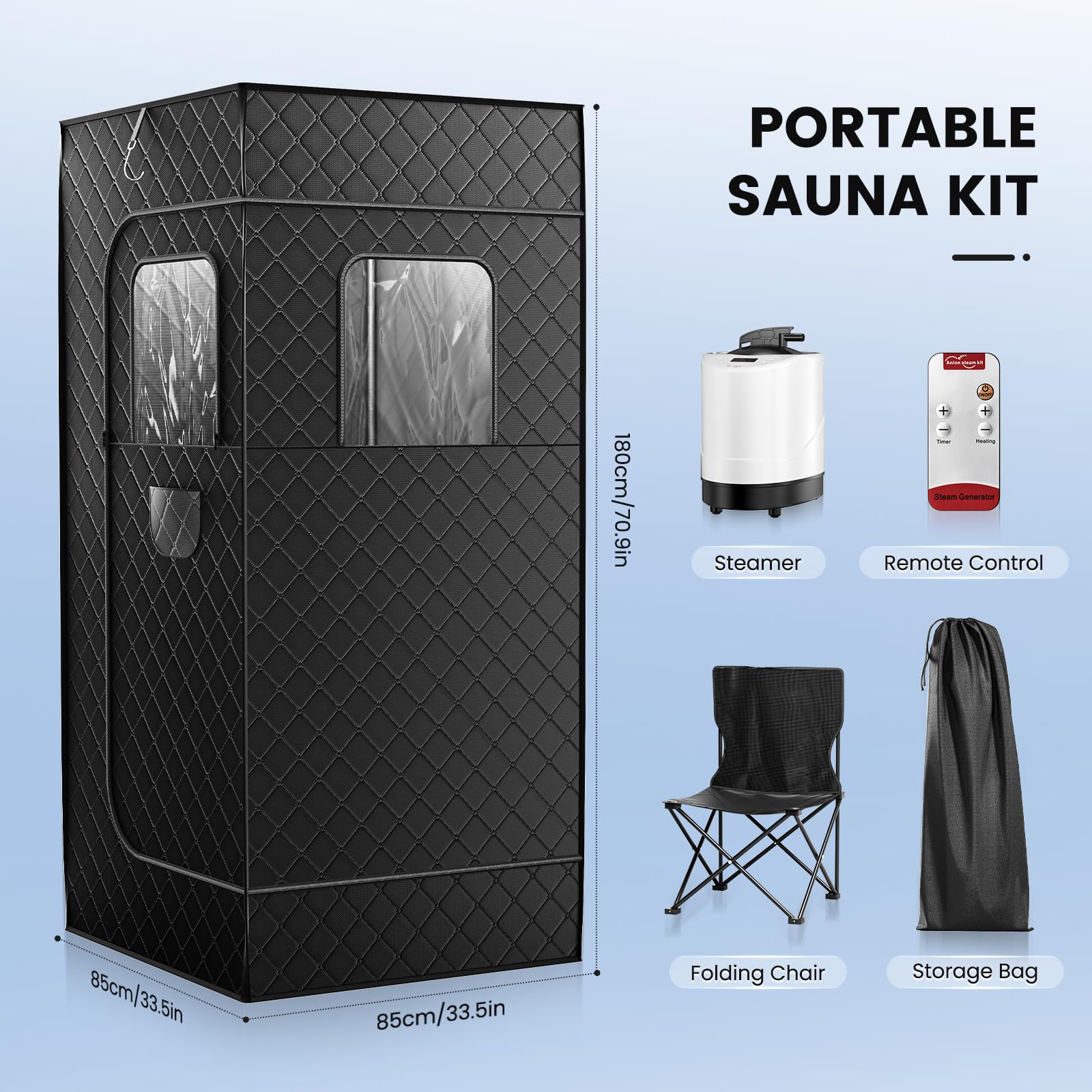 Sauna Portatile 180×80×80 cm 2.6L Vapore 9 Livelli Calore Riscaldamento Rapido 3 Minuti Sedia Pieghevole Telecomando