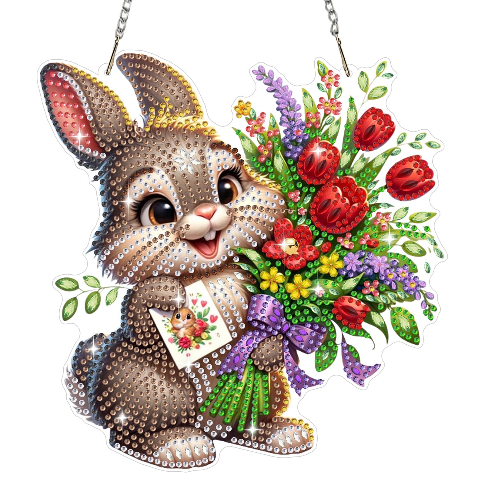 Bowetile Valentine's Flower Diamond Painting Hanging Ornament with Chain,Easter Rabbit Diamond Painting Pendant Kits for Adults Beginners Kids,Diamond Crystal Gem Arts Crafts Kit Gift Home Wall Decor