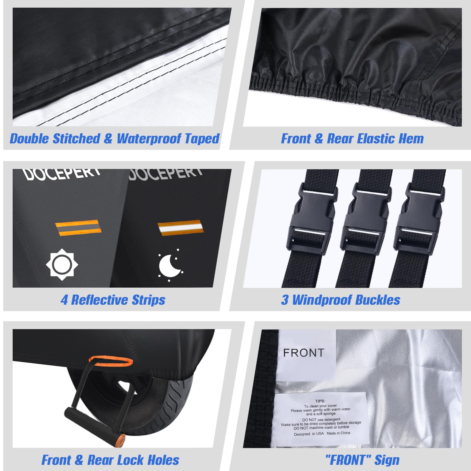 DOCEPERT Housse de Moto imperméable en Tissu Oxford 420D Toutes Saisons avec 4 Bandes réfléchissantes, 3 Boucles Coupe-Vent, Trous de Verrouillage Avant et arrière (XXL 231x96x129cm)
