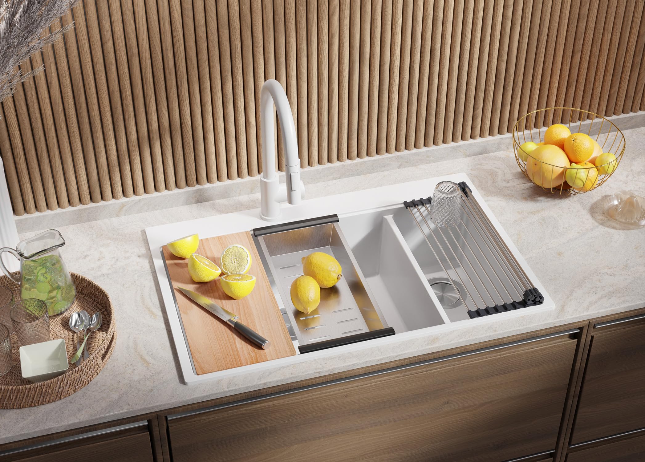 PRIMAGRAN Fregadero Cocina Blanco - Oslo Duo Top, 78x50cm | Granito 2 Senos + Zuberhor-Set, sobre Encimera al Mueble 80cm (S074)