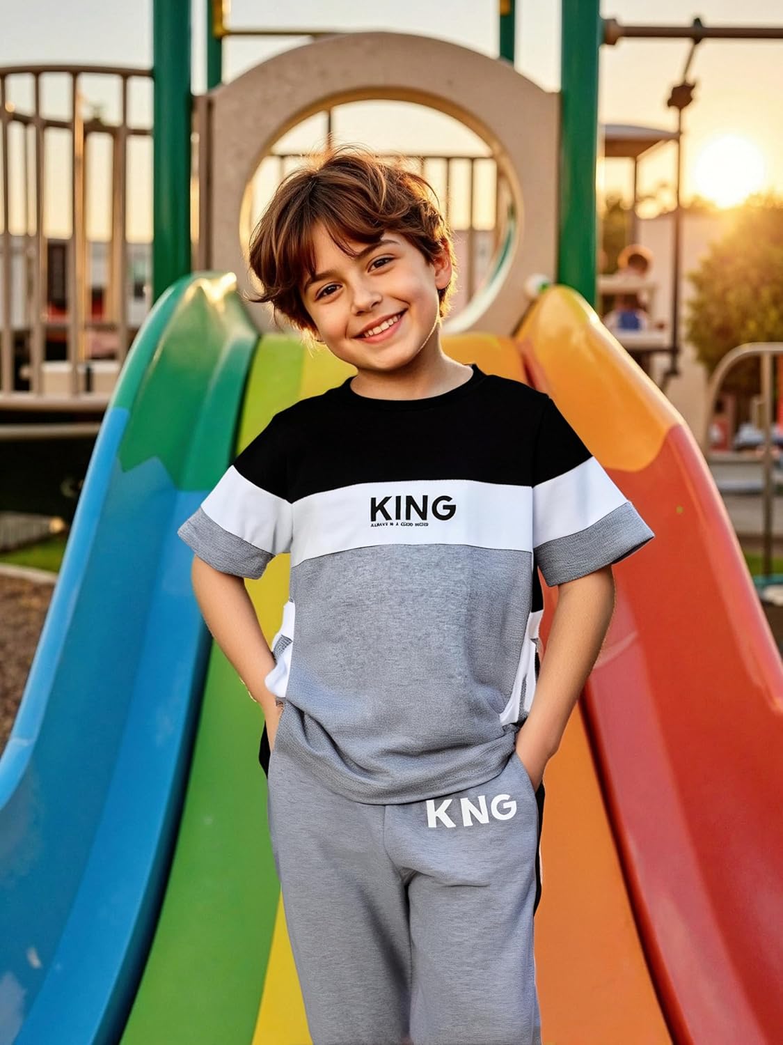 6-12 Years Kid Boys Clothes Outfits Casual Crew Neck Colorblock Short Sleeve Top Fall Pants Set - Image 2