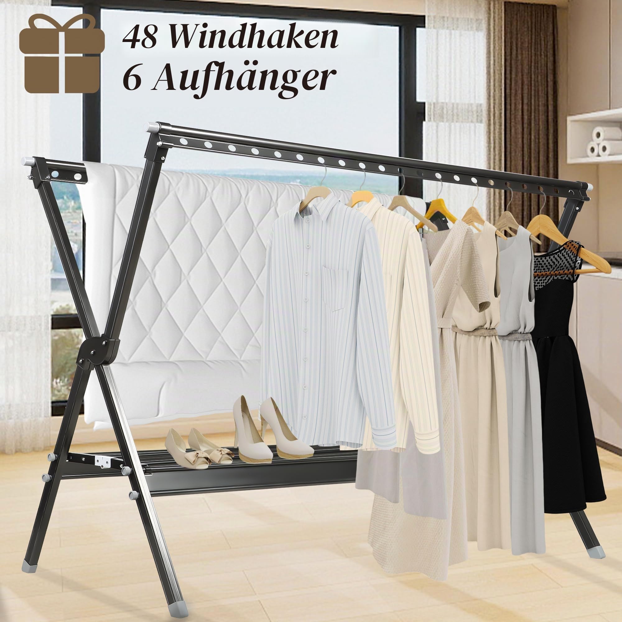 135-230 cm Wäscheständer, Wäscheständer Ausziehbar, einstellbar Länge, Faltbarer Kleiderständer, Indoor Outdoor, Schuhe und Kleidung, Heavy Duty Kleiderständer, mit winddichtem Haken