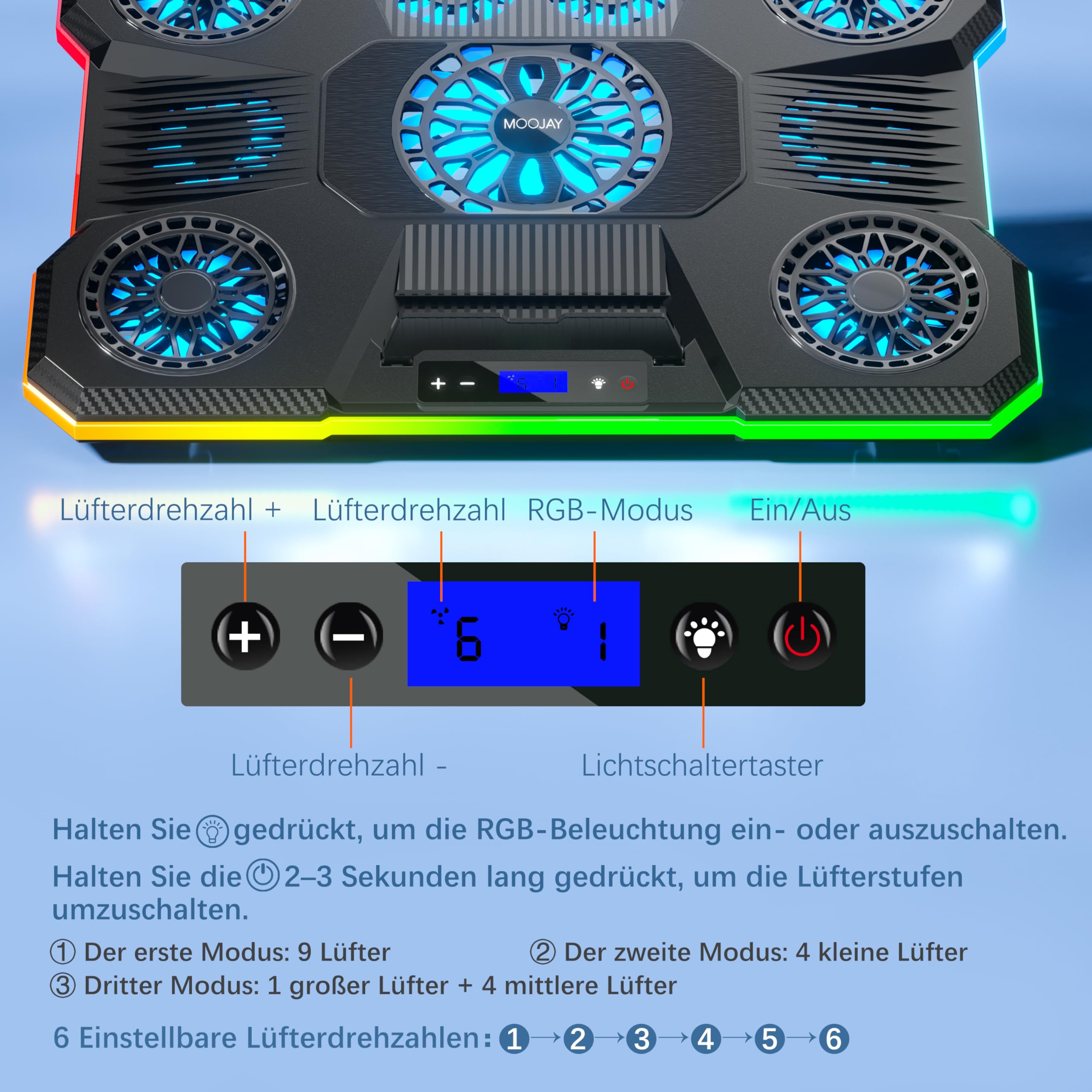 Laptop-Kühlpad MOOJAY mit 9 Leisen Lüftern für 14–19-Zoll-Notebooks, Gaming-Kühlständer mit 6 Einstellbaren Lüftergeschwindigkeiten, 10 RGB-Lichtmodi, 2 USB-Anschlüssen und Handyhalter