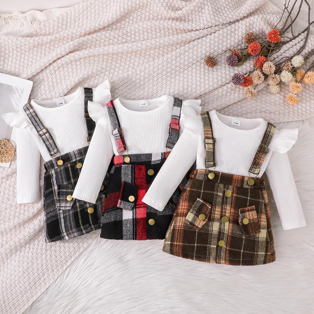 ChuYuKu Baby Girl Fall Winter 2Pcs Outfit Dress Clothes Set Ruffle Top + Plaid Suspender Skirt for Toddler Girl 9M - 4T - Image 6
