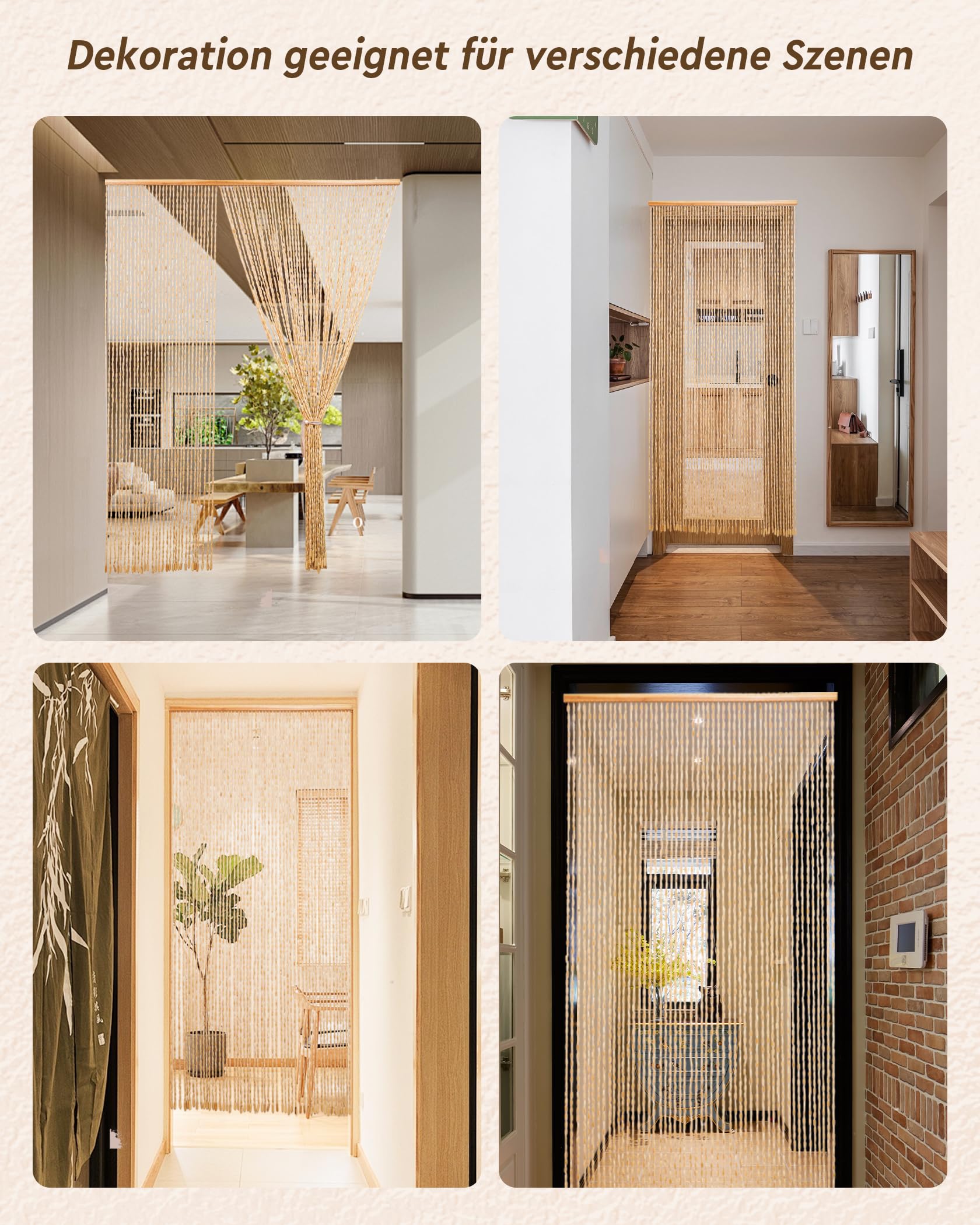 Cortina de Perlas de Madera 90 x 200 cm - 52 Hebras Beige Retro Hecha a Mano Natural - Protección Contra Insectos para Dormitorio, Caravana