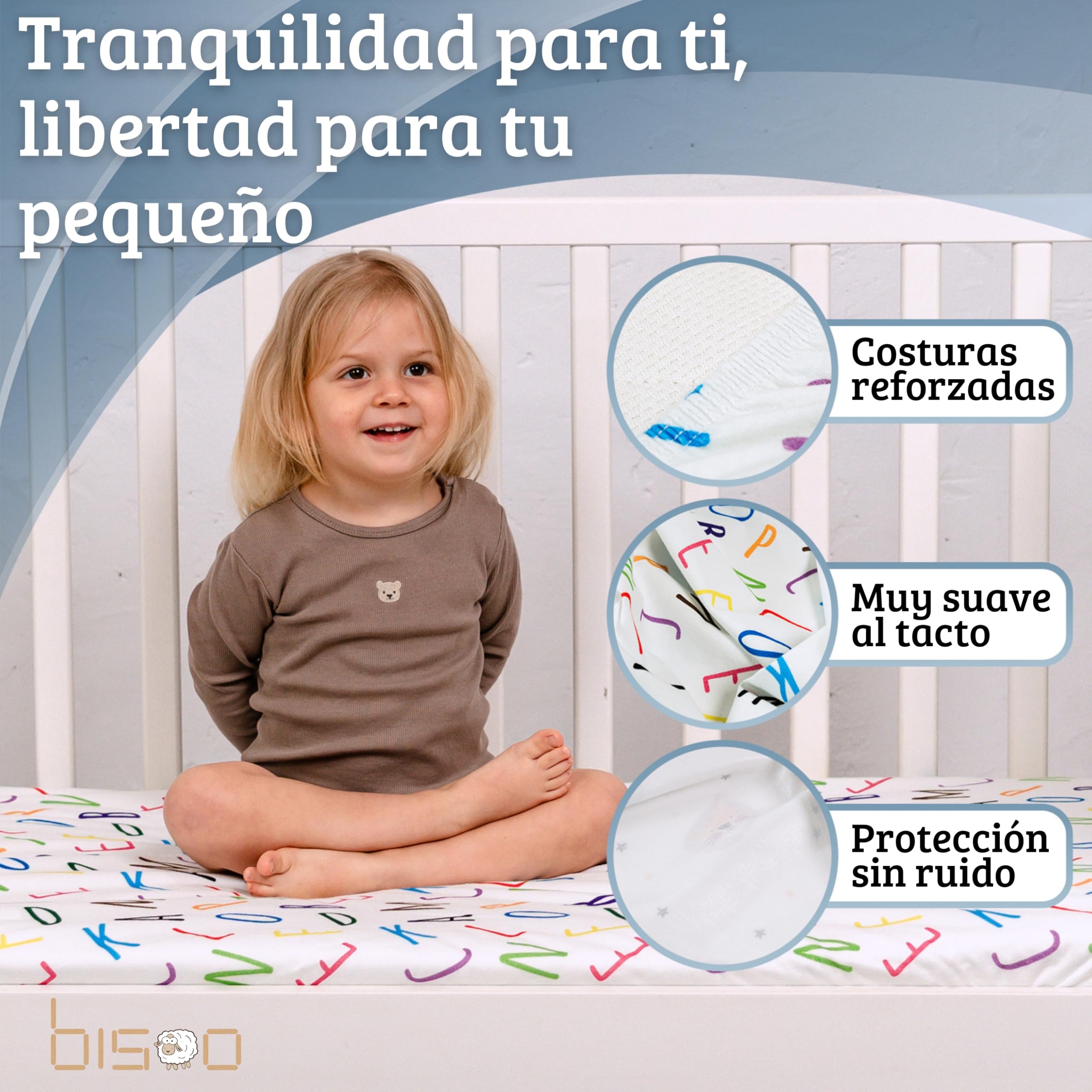 Bisoo, Set de 2 Sabanas Cuna 60x120 - Protector Colchon Cuna 60 x 120 con Esquinas Impermeables - Bajeras Algodon Jersey Impermeables, Certificado OekoTex, Set: Letras + Coches 120x60 cm
