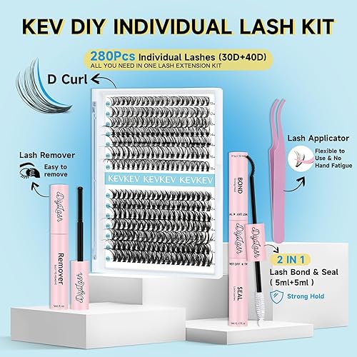 Miniatura 2 de KevKev Kit de extensiones de pestañas con 280 racimos de pestañas, kit de extensión de pestañas en racimo Wispy con enlace de pestañas y sellado,