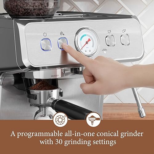 Miniatura 4 de Kndko Máquina de café expreso de 20 bar con molinillo, cafetera automática de espresso con control PID y espumador de leche, tanque de agua