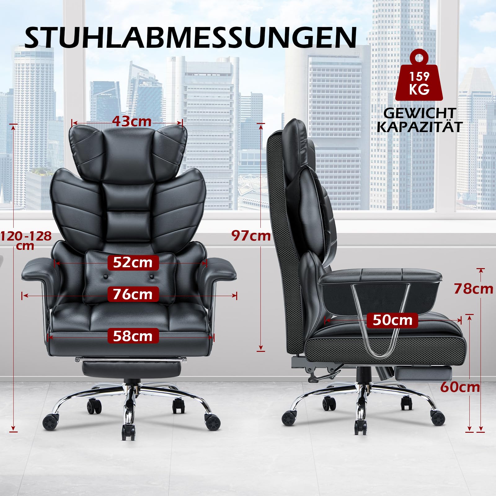 Racingreat Ergonomischer Bürostuhl mit ausziehbarer Fußstütze, Höhenverstellbarer Schreibtischstuhl, Große weiche Rückenlehne, Individuelle Lendenwirbelstütze, Chefsessel aus PU-Leder,Schwarz