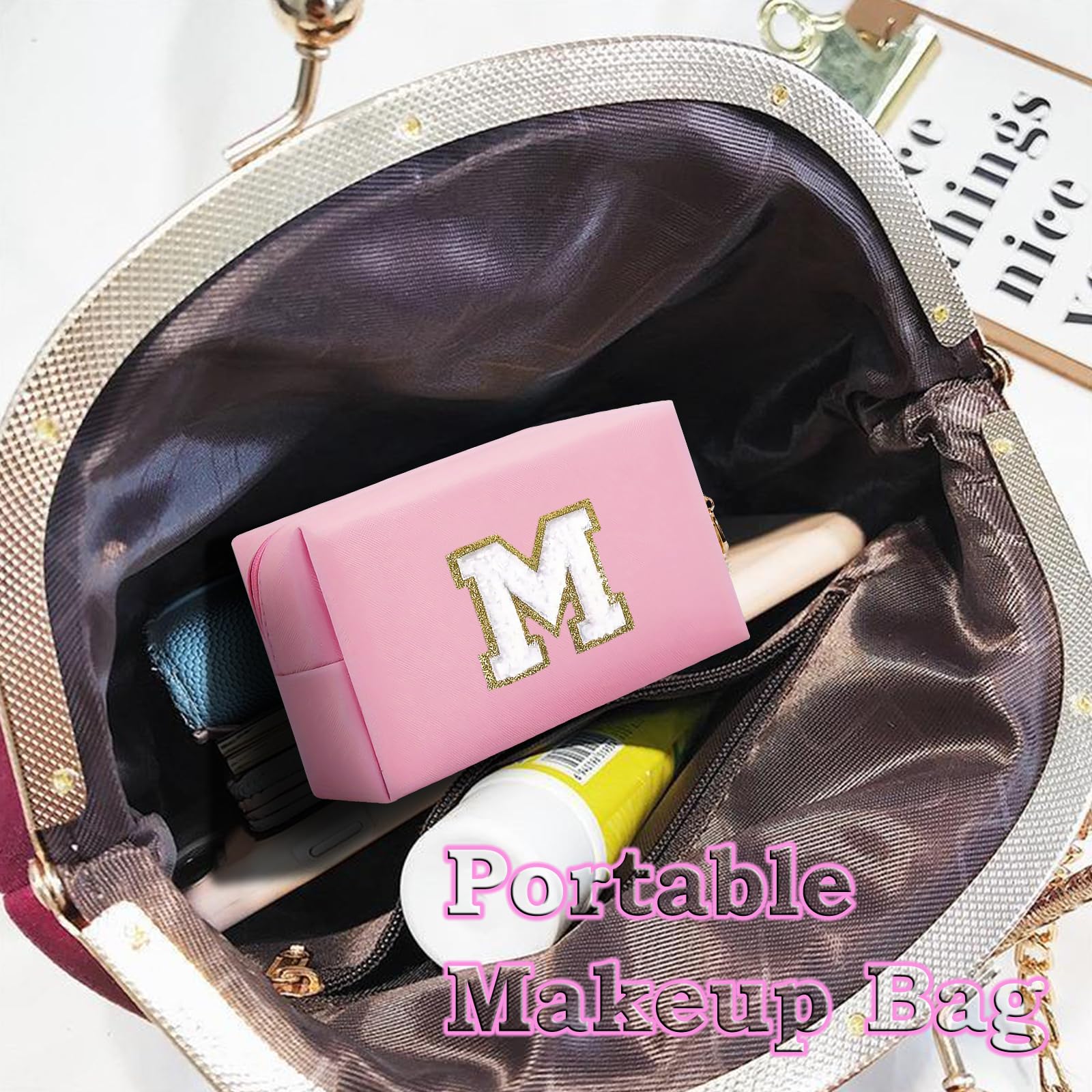 Small Personalized Initial Letter Makeup Bag, Cute Waterproof PU Leather Chenille Letter Cosmetic Bag Travel Makeup Bag, Preppy Makeup Pouch Toiletry Zipper Pouch Organizer for Women and Girls — view 3