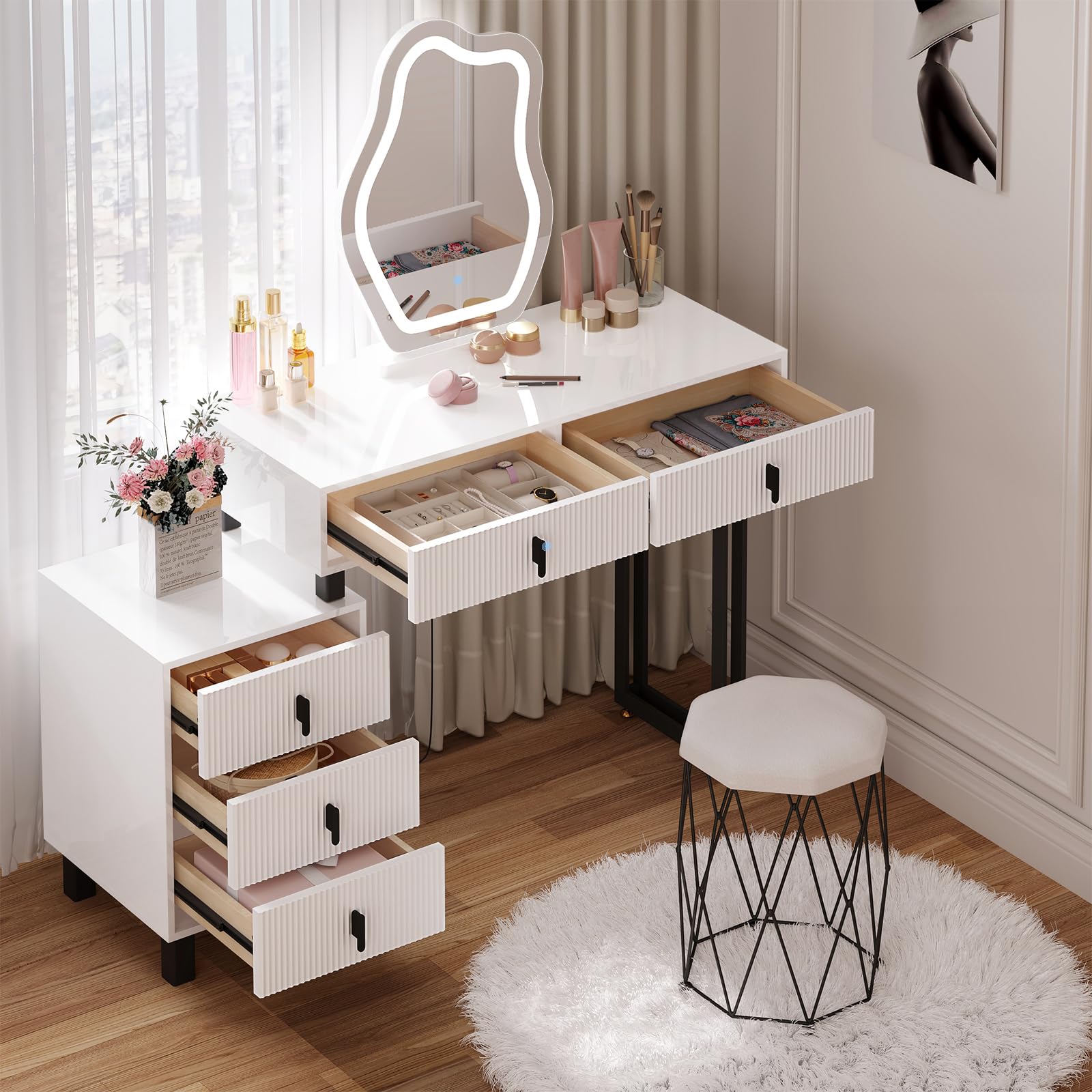 WOLTU Toeletta con Luce LED, Luminosità Regolabile, Specchio a Nuvola, Piano Lucido, 5 Cassetti in Legno Massiccio, 1 Cassettiera, Moderno, Bianco e Nero