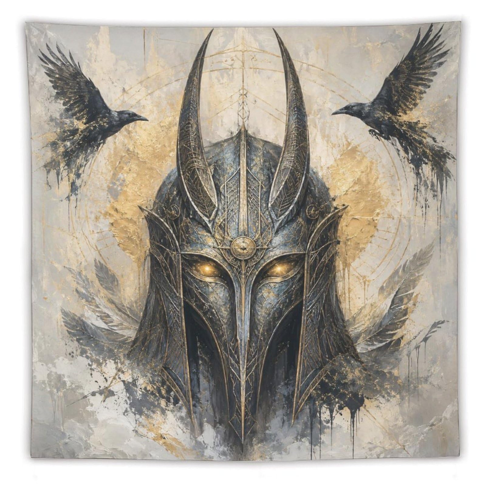 W7C8U2X3 Viking Helmet Twin Ravens Wall Tapestry, Realistic Illustration