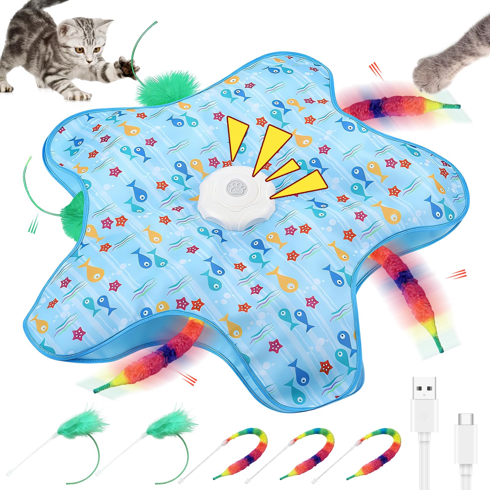 DVDVBOOM Interactive Cat Toys for Indoor, Electric Automatic Hide and Seek Cats Toy for Cats Adult Kitten, 2026 New USB Rechargeable Cat Toy (with 5 * sticks) (BlueFish)