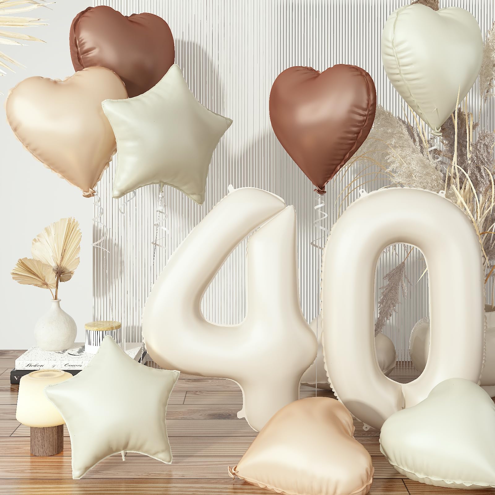 Large Sand White 40 Balloons, Foil Cream Brown Apricot Beige Number 40 Balloons, Tan Heart Balloons Boho Helium Nude Neutral Star Balloon for Women