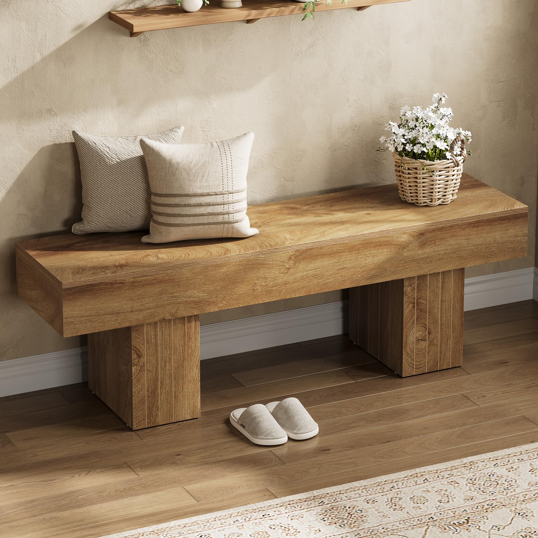 Tribesigns 55" Dining Bench, Farmhouse Wooden Entryway Bench with Robust Legs, Indoor Bench for Bedroom, Dining Room, Kitchen, Hallway, Light Brown