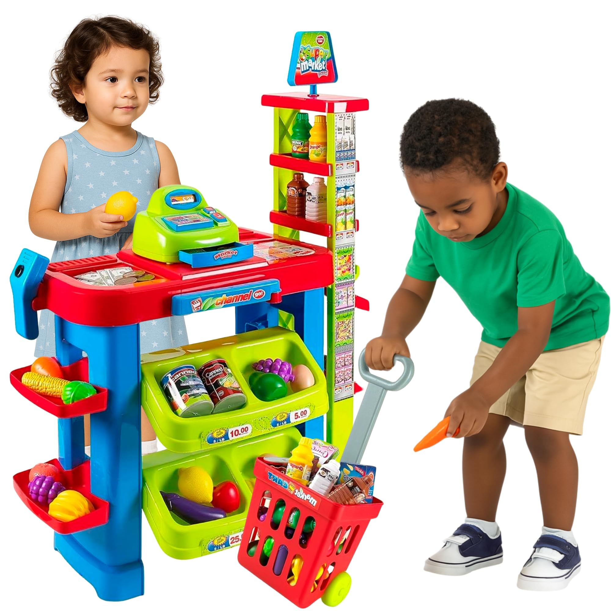 OLEOCA Supermarket Playset for Kids — Grocery Store Pretend Play with Toy Shopping Cart, Cash Register, Scanner & Play Food Accessories – Fun Gift for