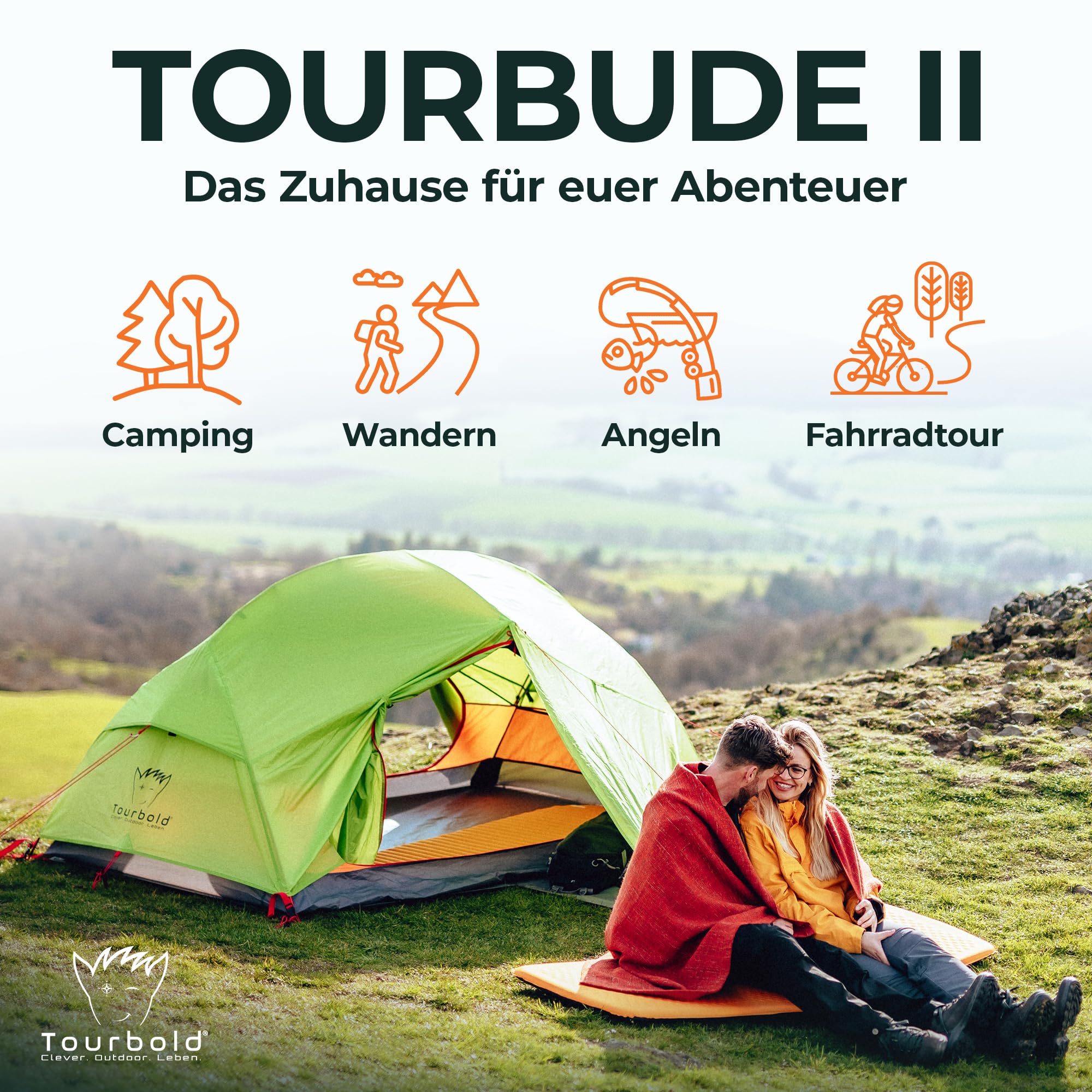 TOURBOLD® Tourbude II 2 Personen Zelt Ultraleicht <3 kg 5 Min. Aufbau | Wasserdicht 3.000 mm Doppelschicht Footprint inklusive Trekking Camping Festival