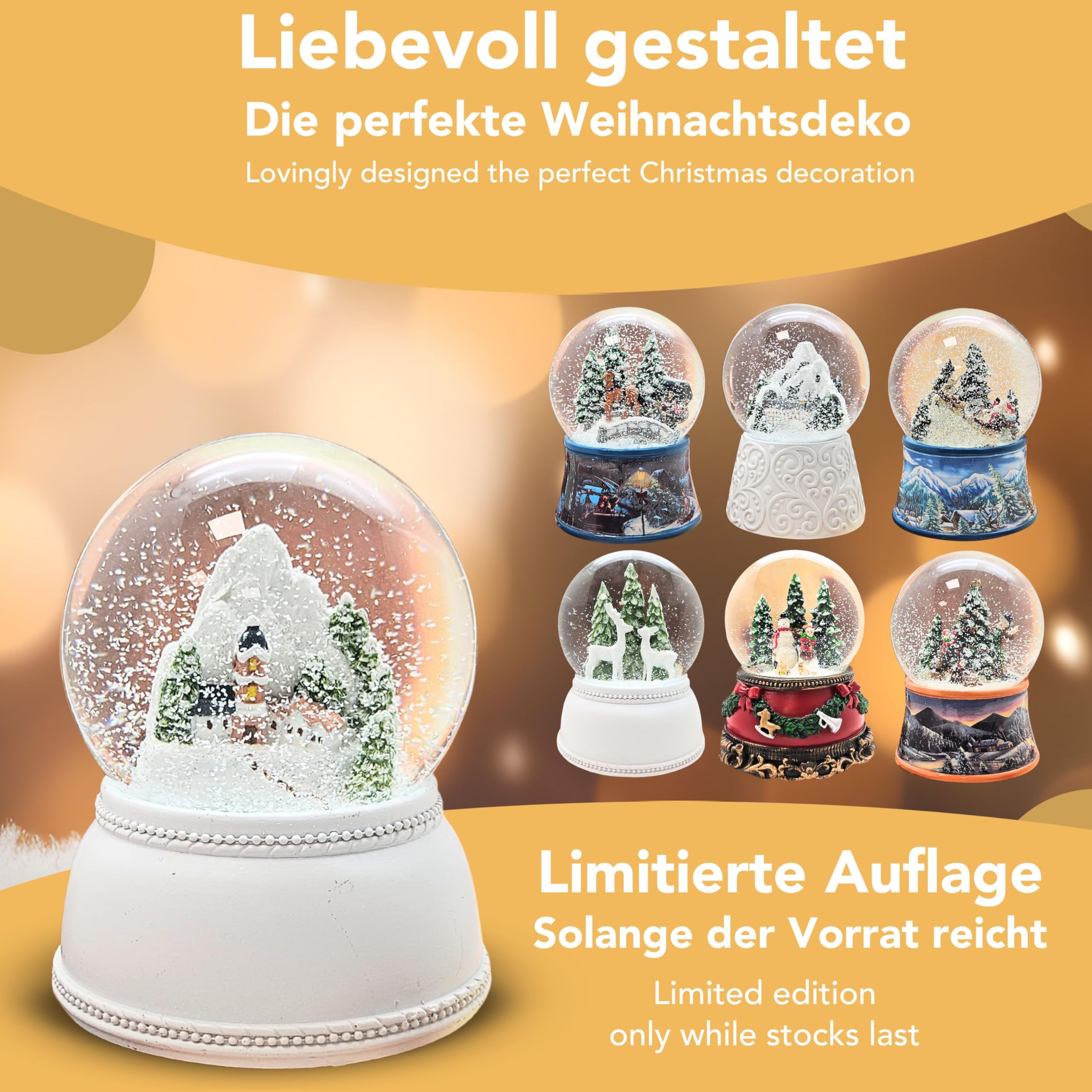 Schneekugel Bergdorf | Sockel weiß nostalgisch | mit Spieluhr | Schüttelkugel Weihnachtsdekoration | B: 10 cm H: 13 cm | 20252
