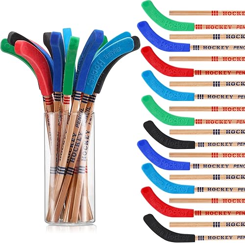 Geyee 18 lápices de hockey y borradores, lápices de palo de hockey para niños, decoraciones de fiesta temática deportiva para fanáticos del deporte,