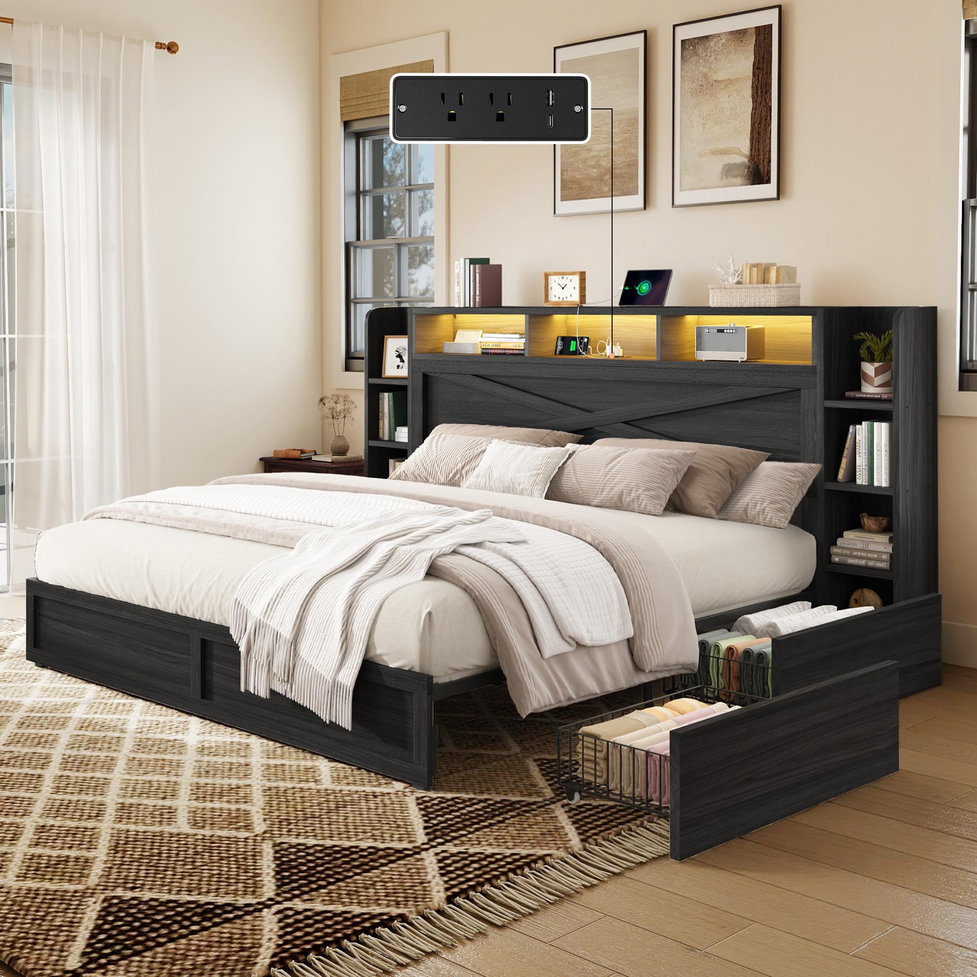 AMERLIFE 45 Farmhouse Queen Bed Frame with Side Shelves