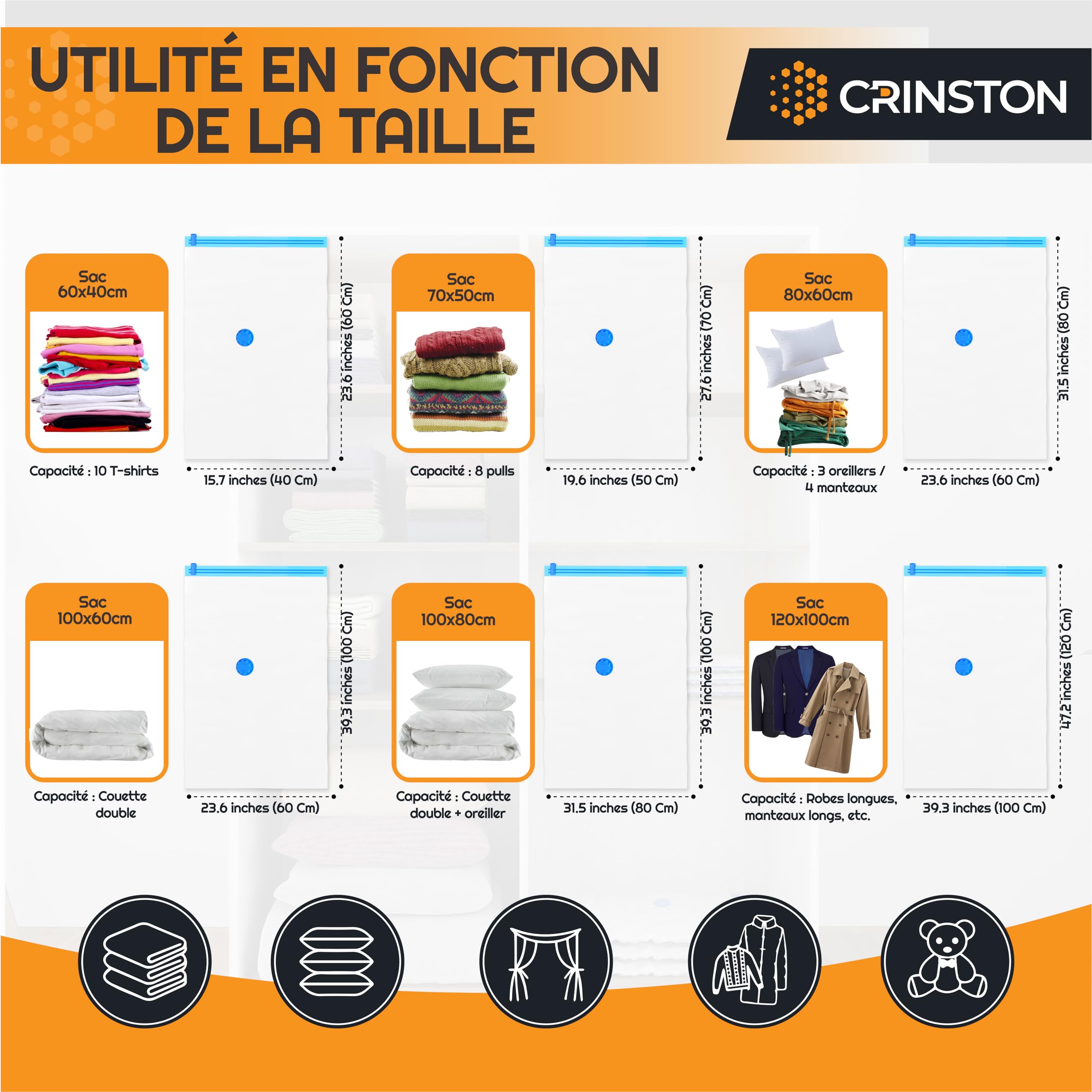 Sacs Rangement Sous Vide CRINSTON | Lot De 6 - 80x60cm - Pour Vêtements Et Couettes