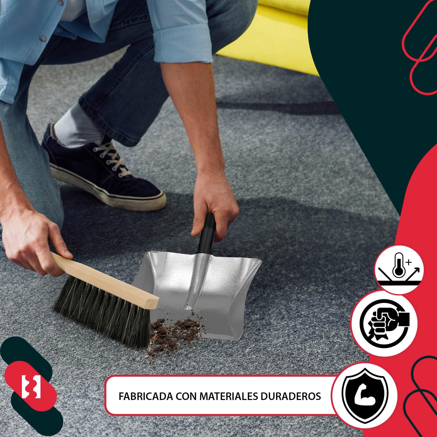 KOTARBAU® Pala y Cepillo Mano - Conjunto de Recogedor y Escobilla - Acero Galvanizado - Escoba de Mano - Madera - Pala para Brasas - Kit Recogedor y Cepillo Manual