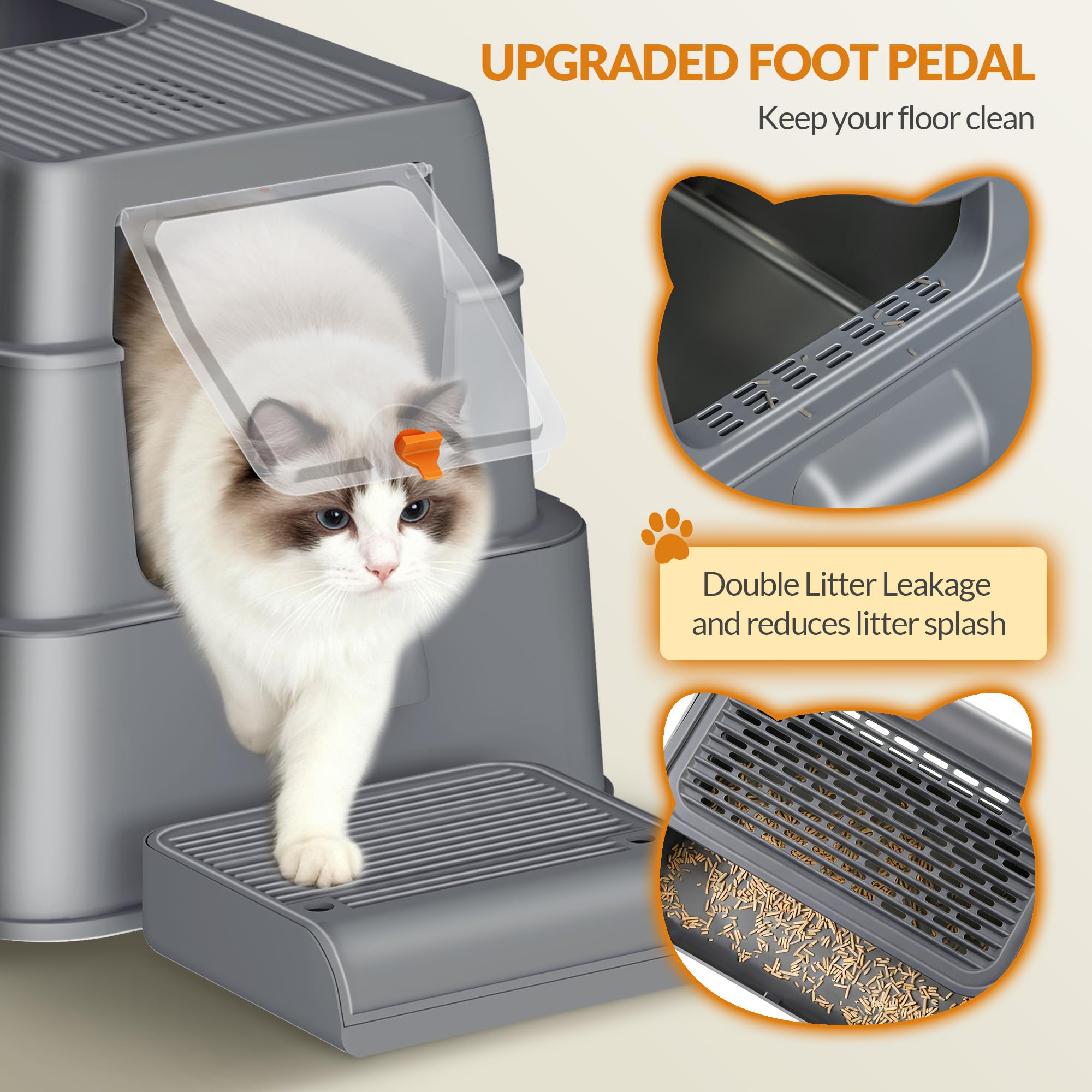 Lettiera Acciaio Inox Gatto con Cassetto e Coperchio, 65L x 44I x 40H cm, XXL Lettiera in Metallo con Pedale e Paletta, Controllo Degli Odori, Facile da Pulire, Due Ingressi, Grigio Scuro