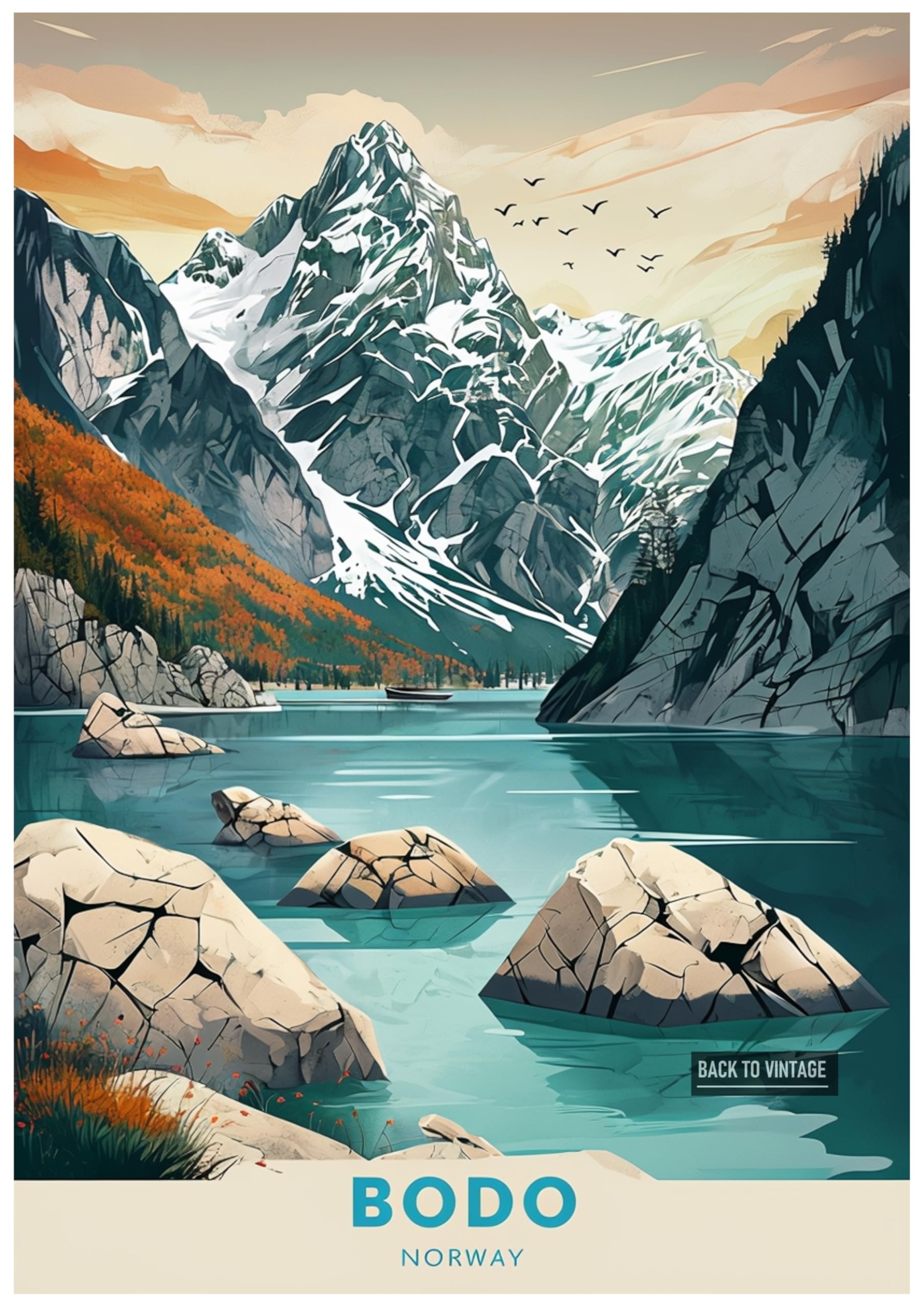 Digital Illustration of Bodo Norway's Majestic Mountain Landscape - Retro Europe Travel Poster A4 Size Vintage Wall Art Print of Famous European Destinations Ideal for Home or Office Decor