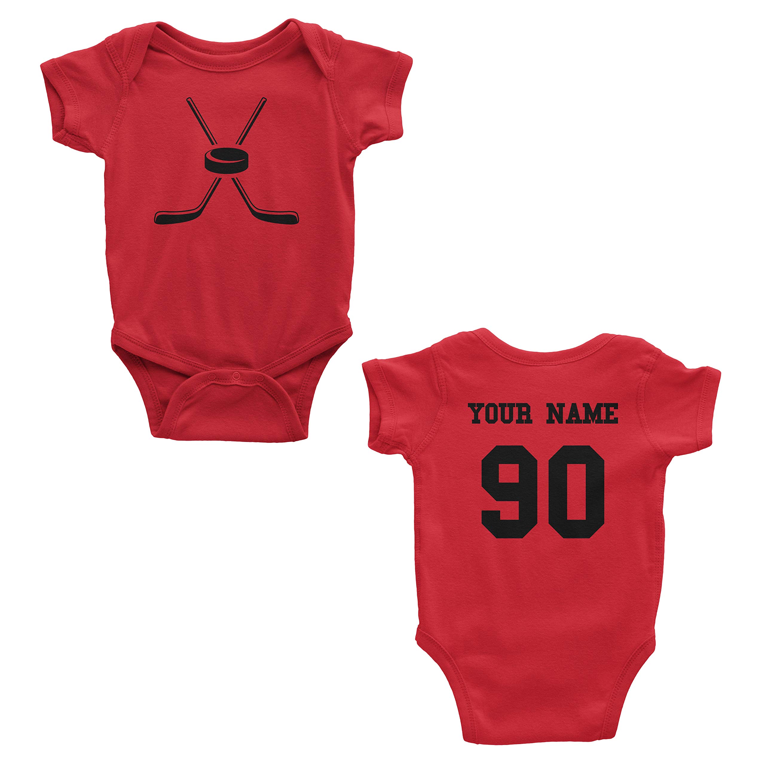 Hockey Custom One Piece Bodysuit for Baby – Personalized Name and Number (6 Months, Red)