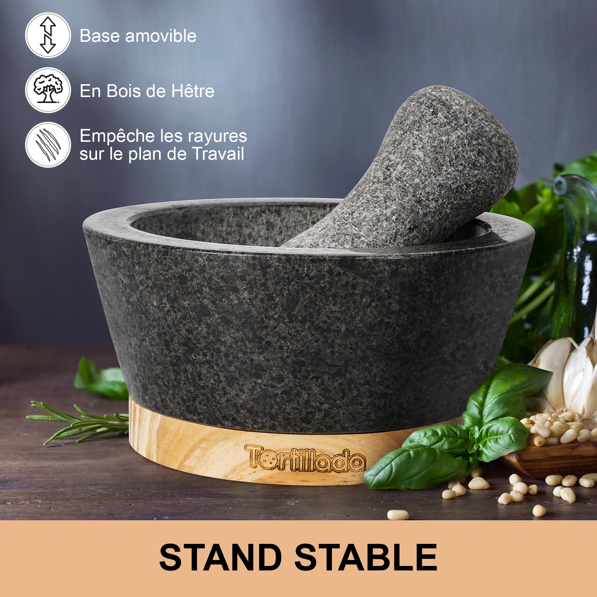 Tortillada - XXL Ensemble mortier et pilon de 16 cm en granit naturel avec base en bois anti-rayures Moulin à épices et à herbes en granit Broyeur de pilules avec 50 recettes, Noir