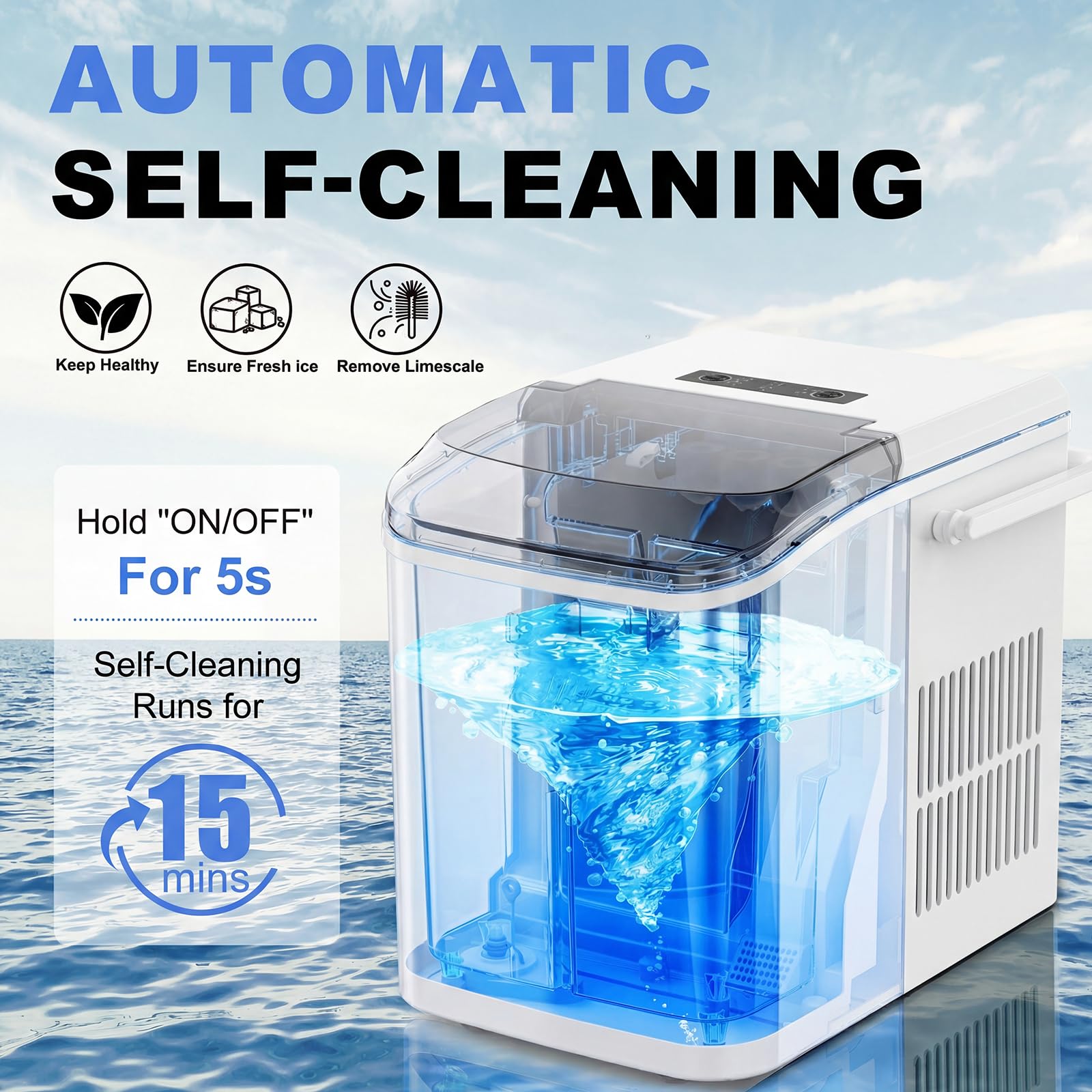 KMFurnila Ice Makers Countertop, Portable Ice Machine with Handle, 6 Mins 9 Bullet Ice Cubes with Basket and Scoop, 26lbs in 24Hrs, Auto-Cleaning, for Home, Kitchen, RV, Camping, White - 4