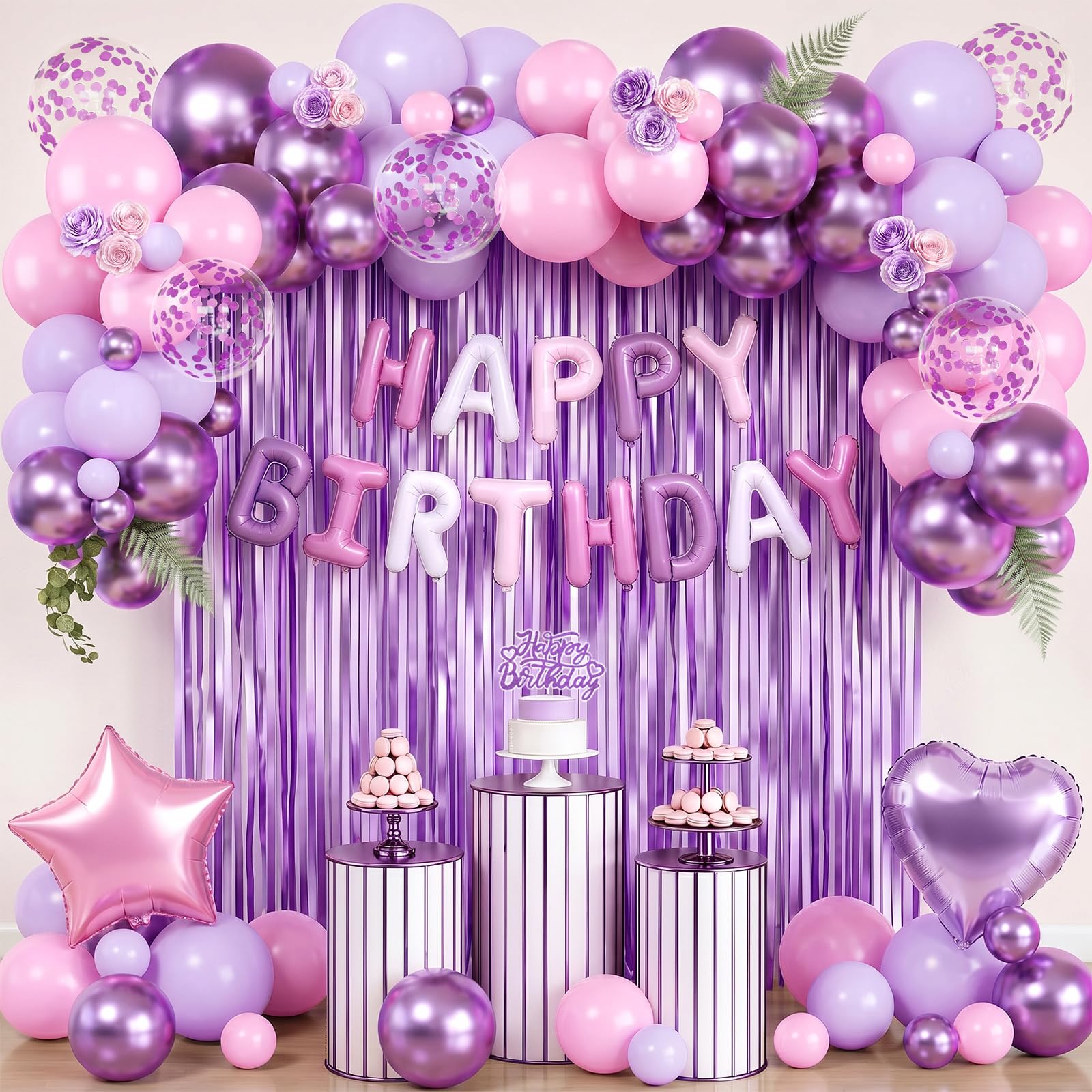 Pink And Purple Birthday Decorations - Happy Birthday Decorations With Purple And Pink Balloons Laxte,Star Heart Foil Balloon,Banner Balloon,Cake Topper And Foil Curtain For 18th 21st 30th Women Girl