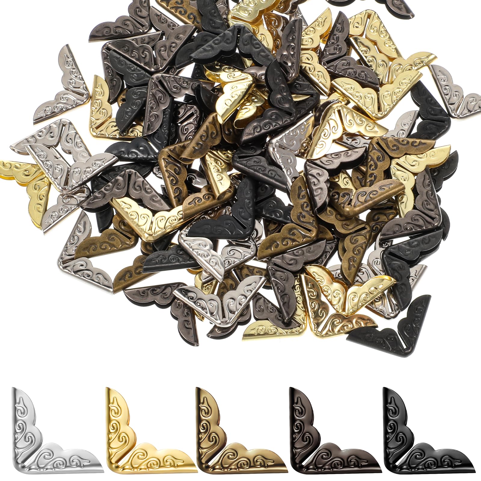 100 Pcs Metal Book Corner Protectors, 5 Colors Vintage Carved Book Corners, Triangle Iron Books Corner Protectors Decorative Frame Angle for Scrapbook Photo Album Notebook Folder