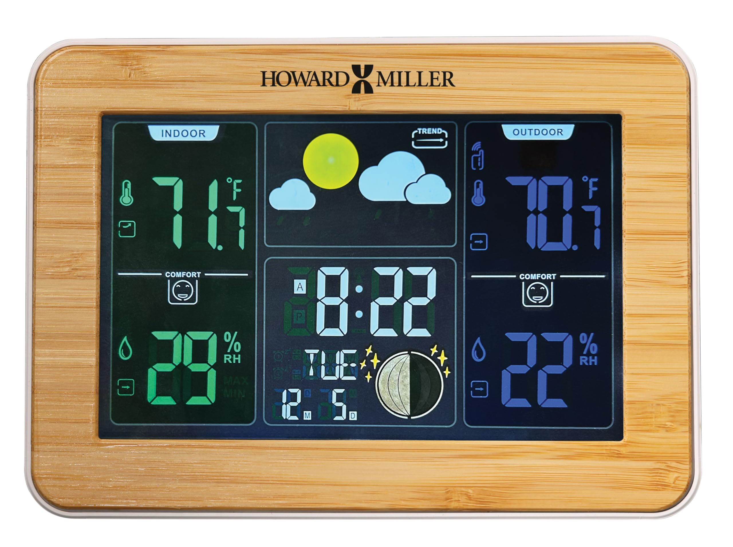 Howard Miller Bamboo Weather Station Alarm Clock, Battery Operated Colorful Weather LCD Illuminated Screen All-in-One Display, Bamboo Front Frame Sturdy Wooden Material for Home Decor