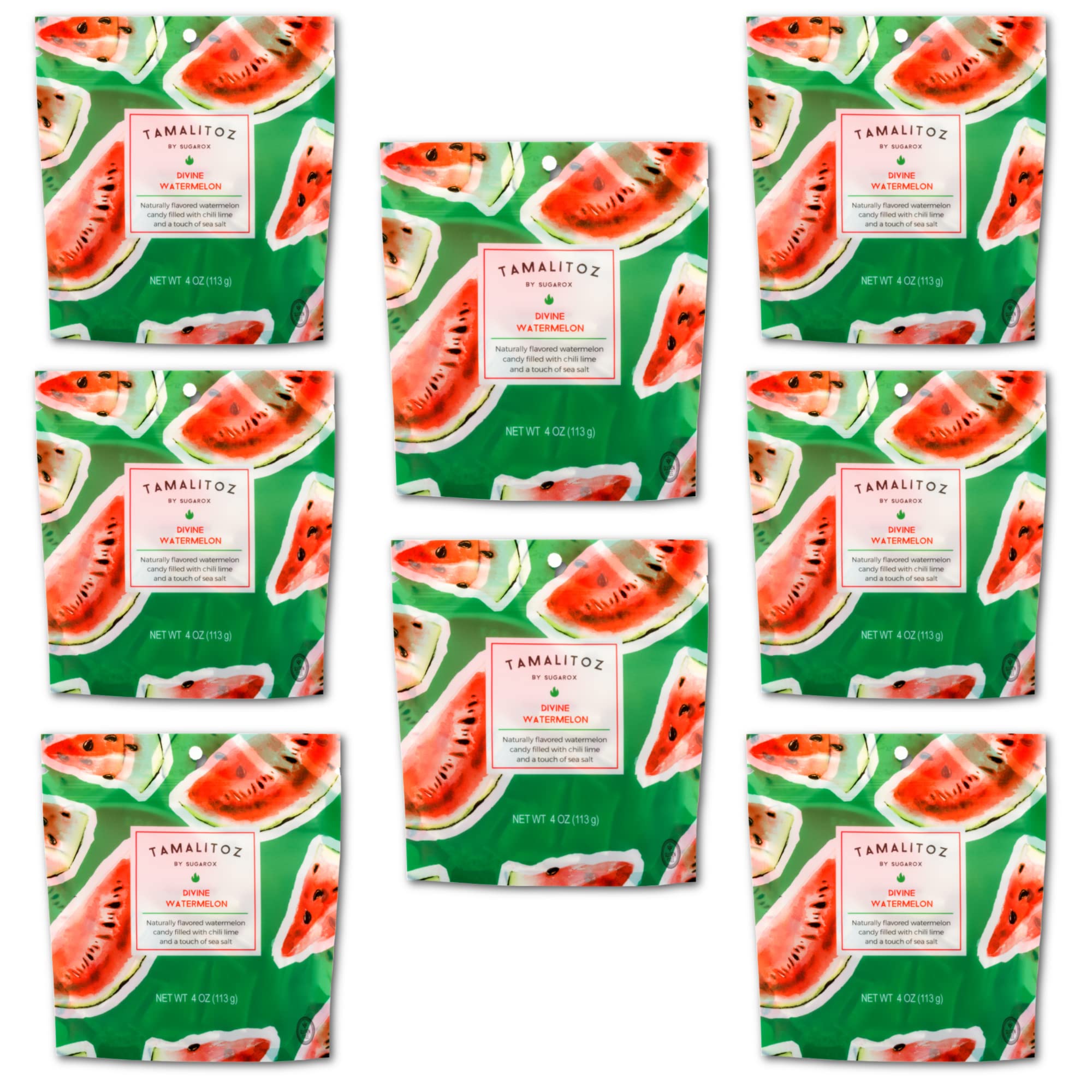 Tamalitoz Divine Watermelon – Spicy Watermelon Mexican Hard Candy Filled with Chile, Lime & Sea Salt Center, Handcrafted Fruit Candy, Gluten-Free, Kosher, No Artificial Colors – 8 Bags (4oz Each)