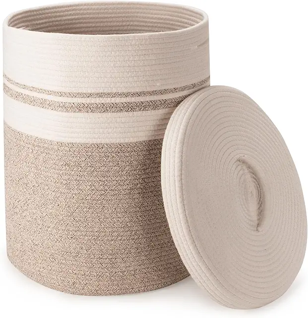 Rieeyrslza 58L Großer Geflochtener Wäschekorb mit Deckel - Falbarer Baumwoll-Aufbewahrungskorb