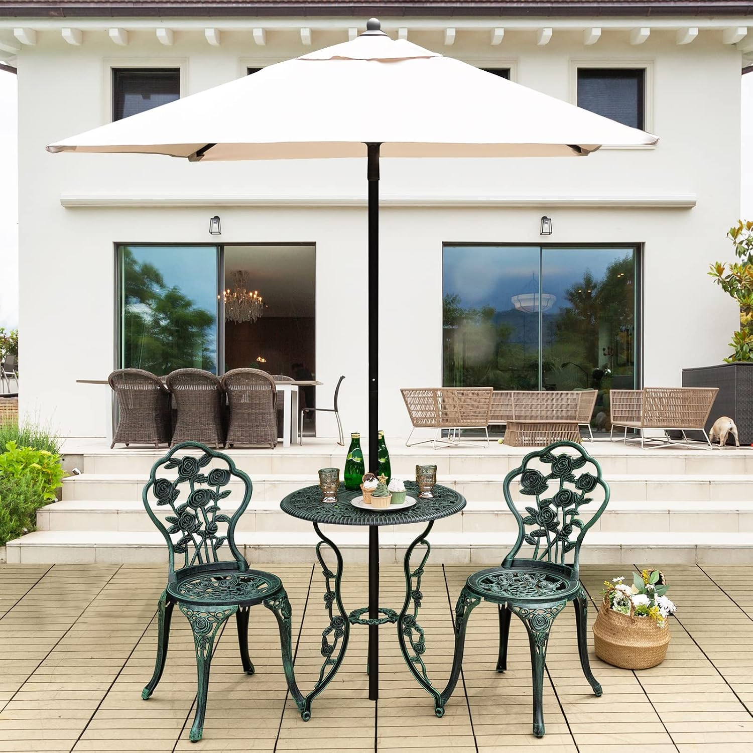 TANGZON 3 Pieces Patio Bistro Set, Outdoor Cast Aluminum Round Dining Table and 2 Chairs Set with Umbrella Hole, Garden Dining Furniture Set for Balcony Backyard Poolside Lawn