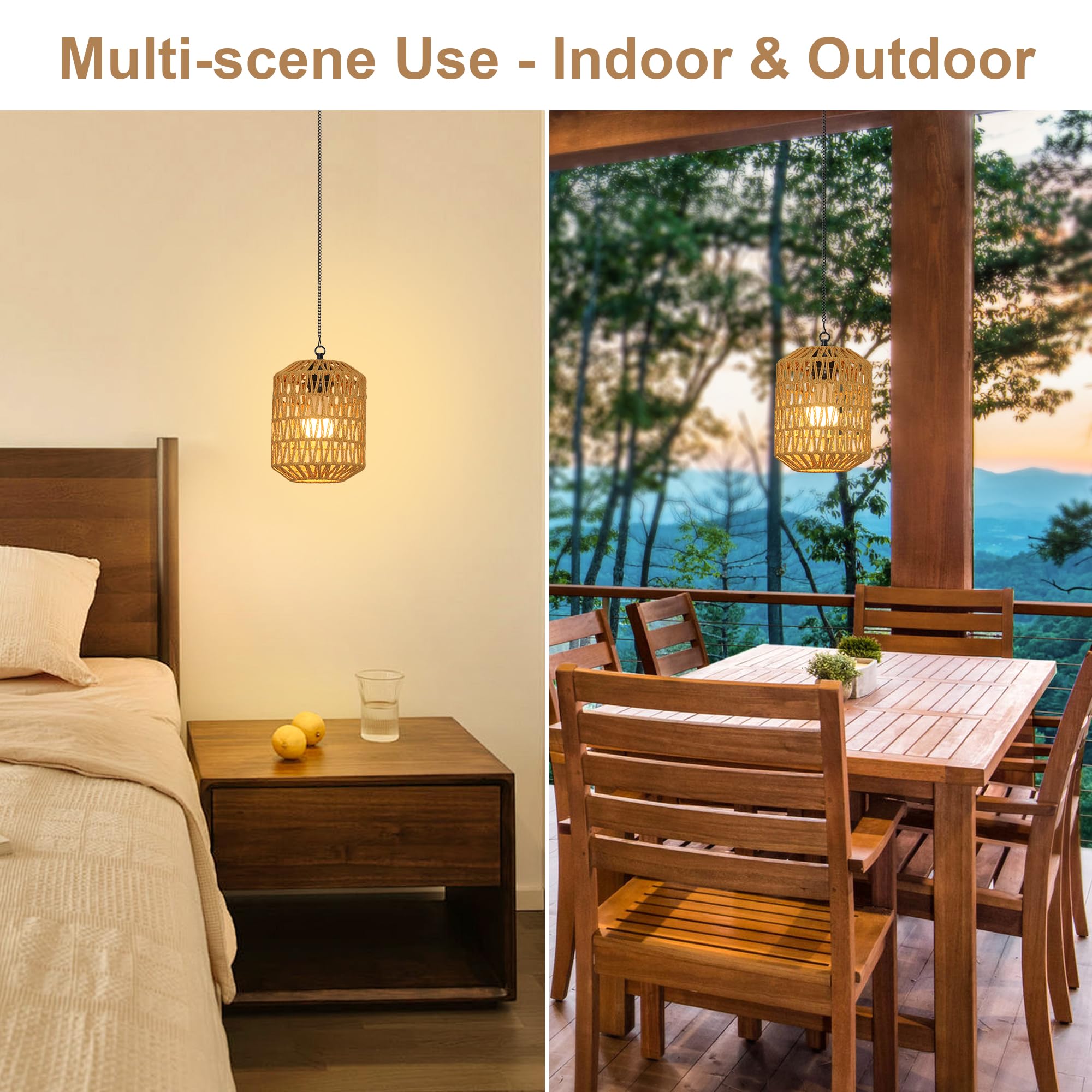 Rayofly 2 Pezzi Lampada a Sospensione Ricaricabile per Interni, Luce a Pendente Boho con Batteria, Lampada Pendente in Rattan senza Attacco Elettrico, Luci da Parco per Esterni con Bulbo e Telecomando