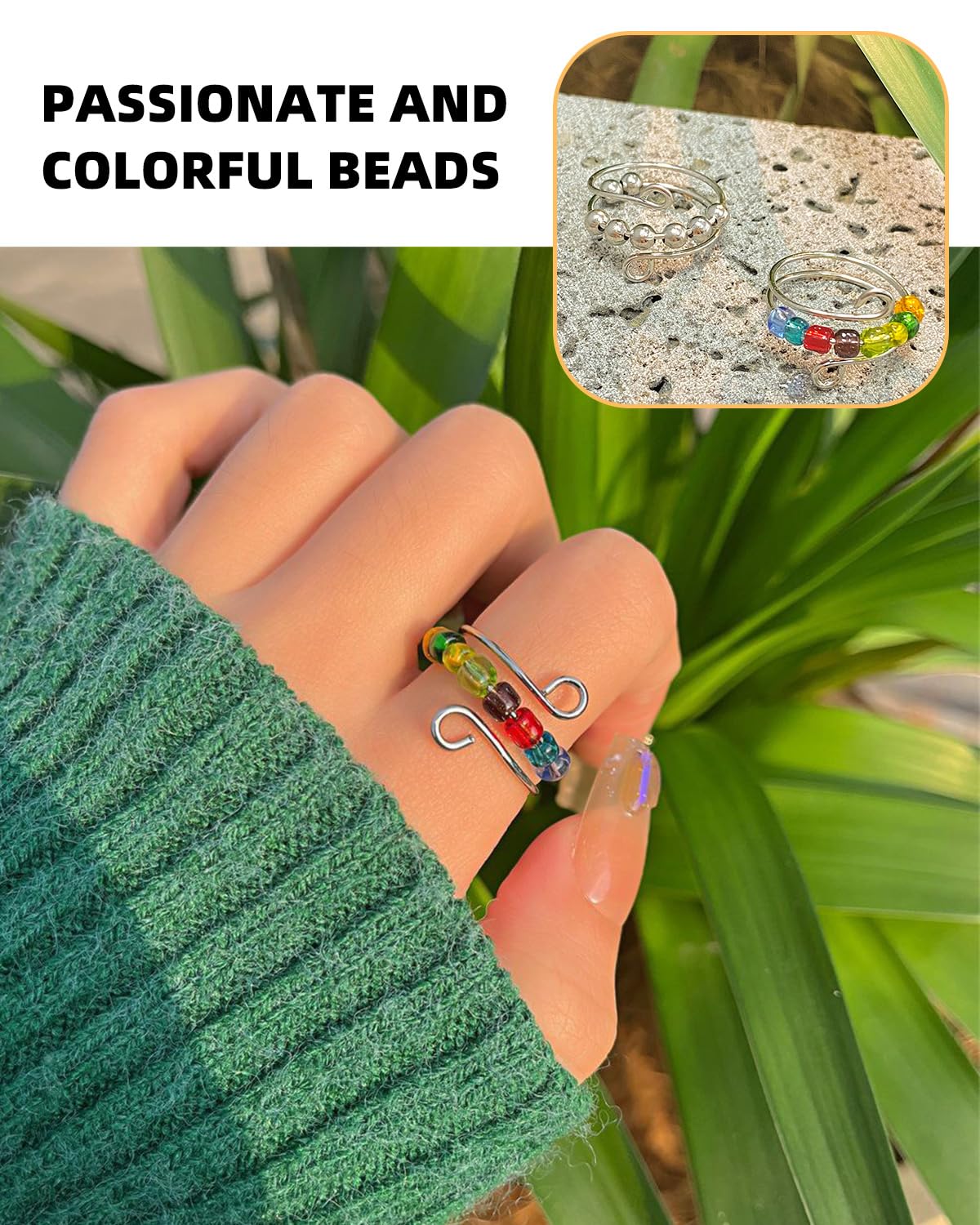 Pack de 7 anillos antiestrés ajustables, alivio de la ansiedad y anillo antiestrés colorido, juego de anillos de ansiedad, hilado de ansiedad con cuentas, spinner abierto para mujeres